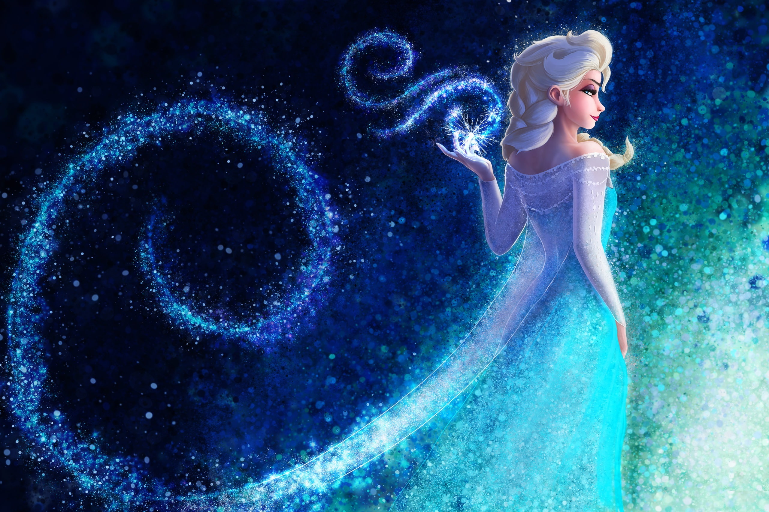 Queen Elsa Frozen, cartoon, snowflakes, white hair, look, 2K, dress, art, HD Wallpaper