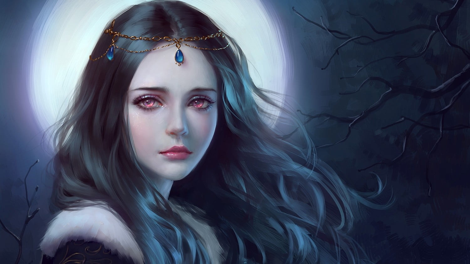 blond hair, night, women, fantasy art, indoors, human body part, beauty, crown, headshot, red eyes, 720P, long hair, fashion, dark, princess, young adult, HD Wallpaper