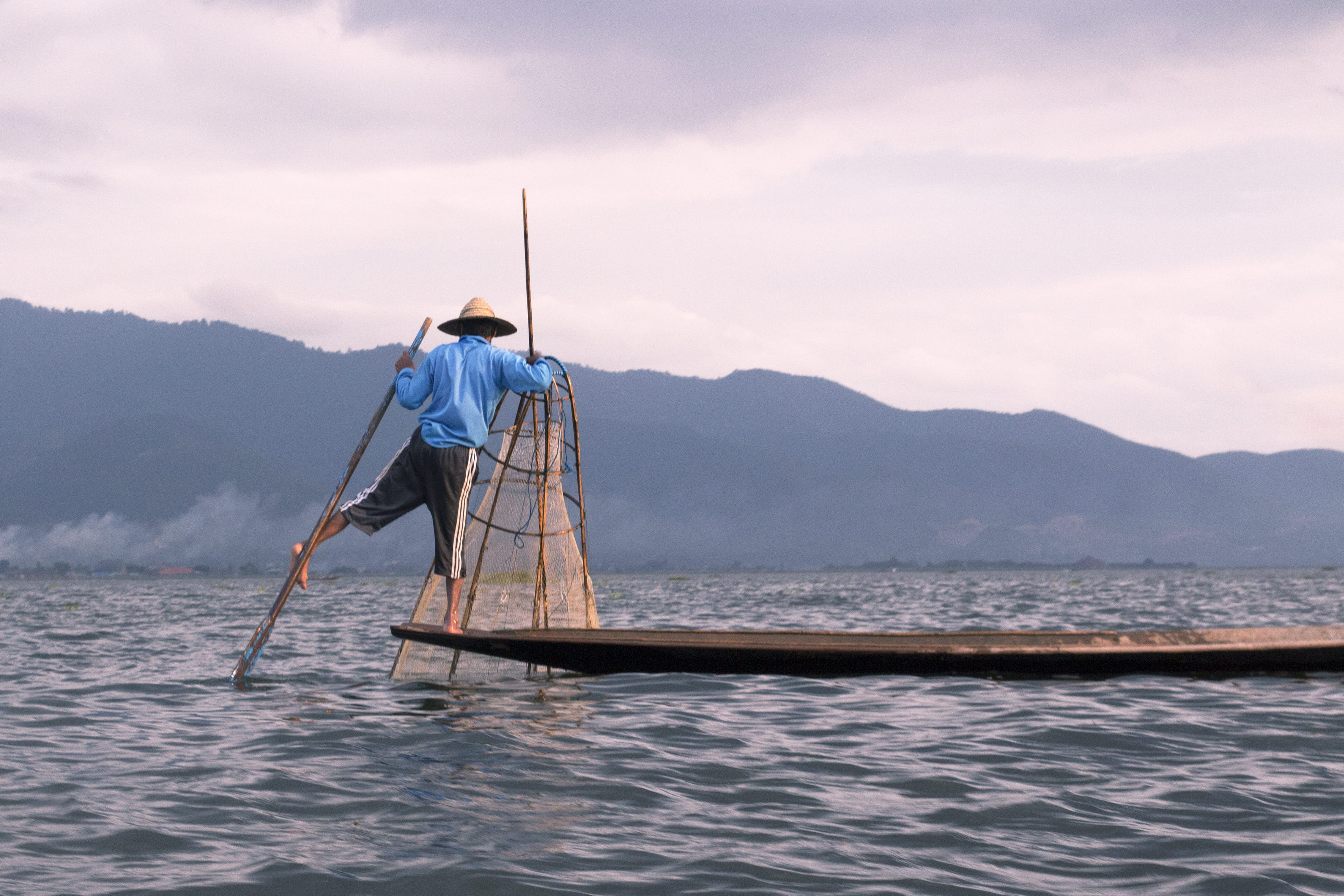 horizon, landscape, fishing, tranquil scene, vessel, scenics - nature, mountain, transportation, waterfront, one person, person, ocean, tranquility, rear view, HD Wallpaper