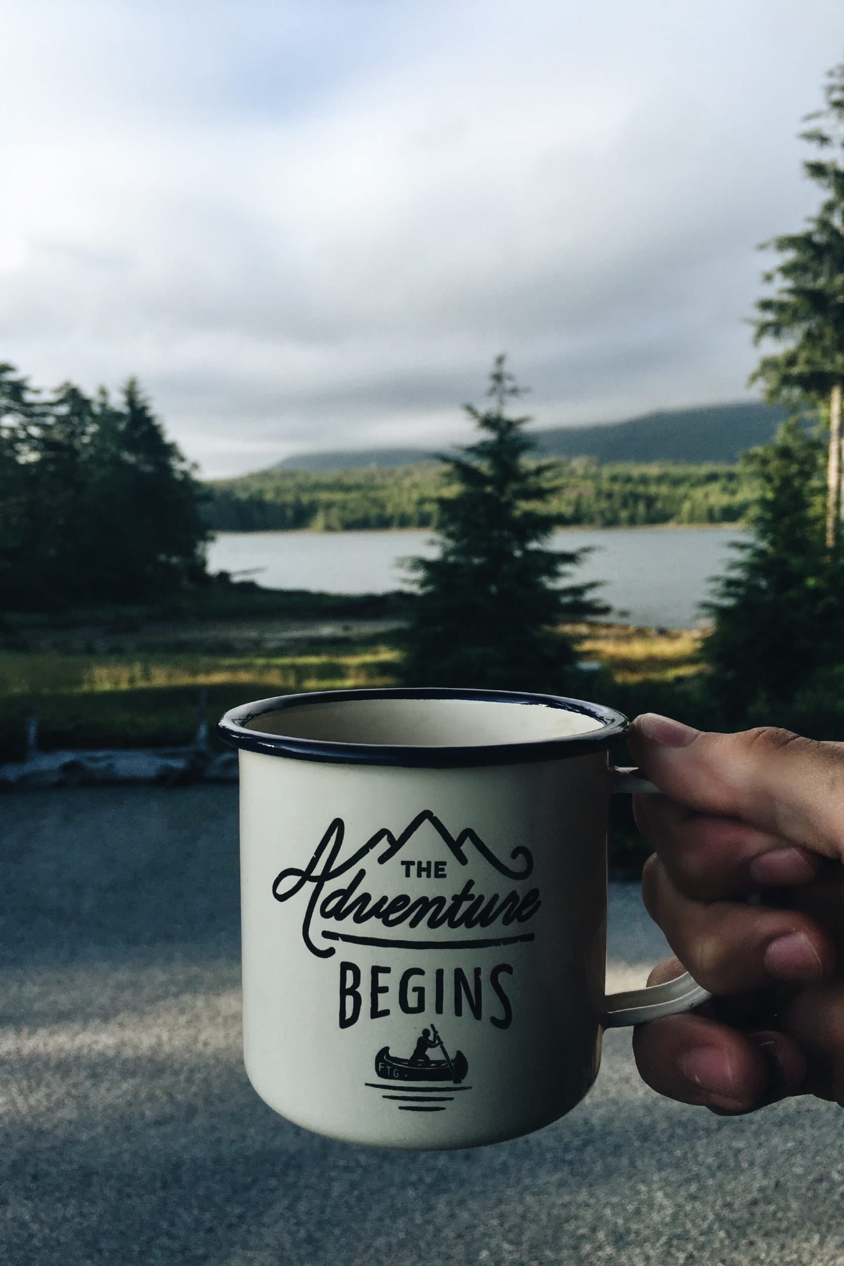 print, real people, riverside, outdoors, lake, hand, water, coffee, tree, begins, human hand, text, coffee mug, plant, energy, ceramic, mood, hiking, crockery, Phone HD Wallpaper