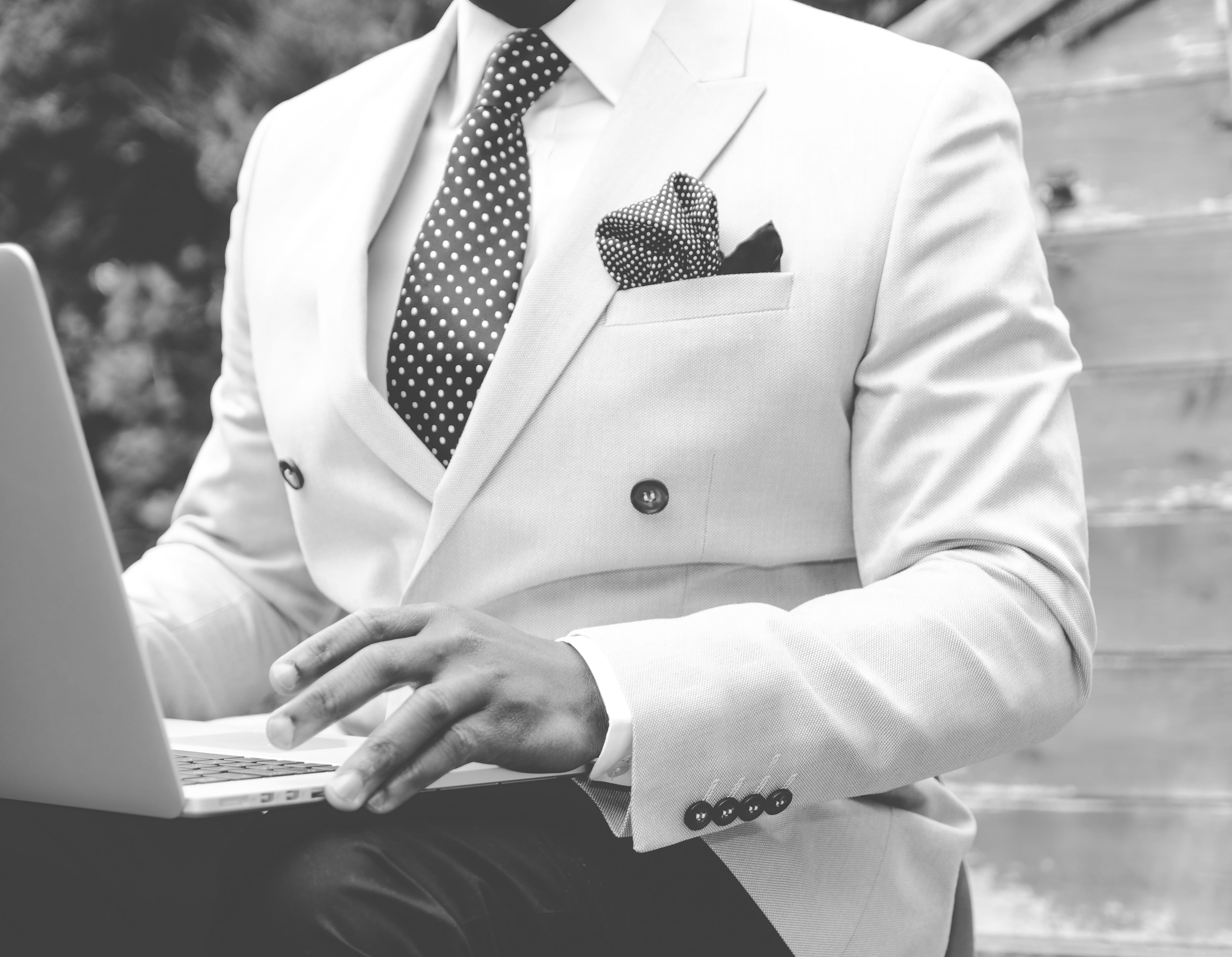 laptop, connection, clothing, photo, holding, uniform, adults only, lifestyles, real people, communication, grayscale, computer, man, business, businessman, HD Wallpaper