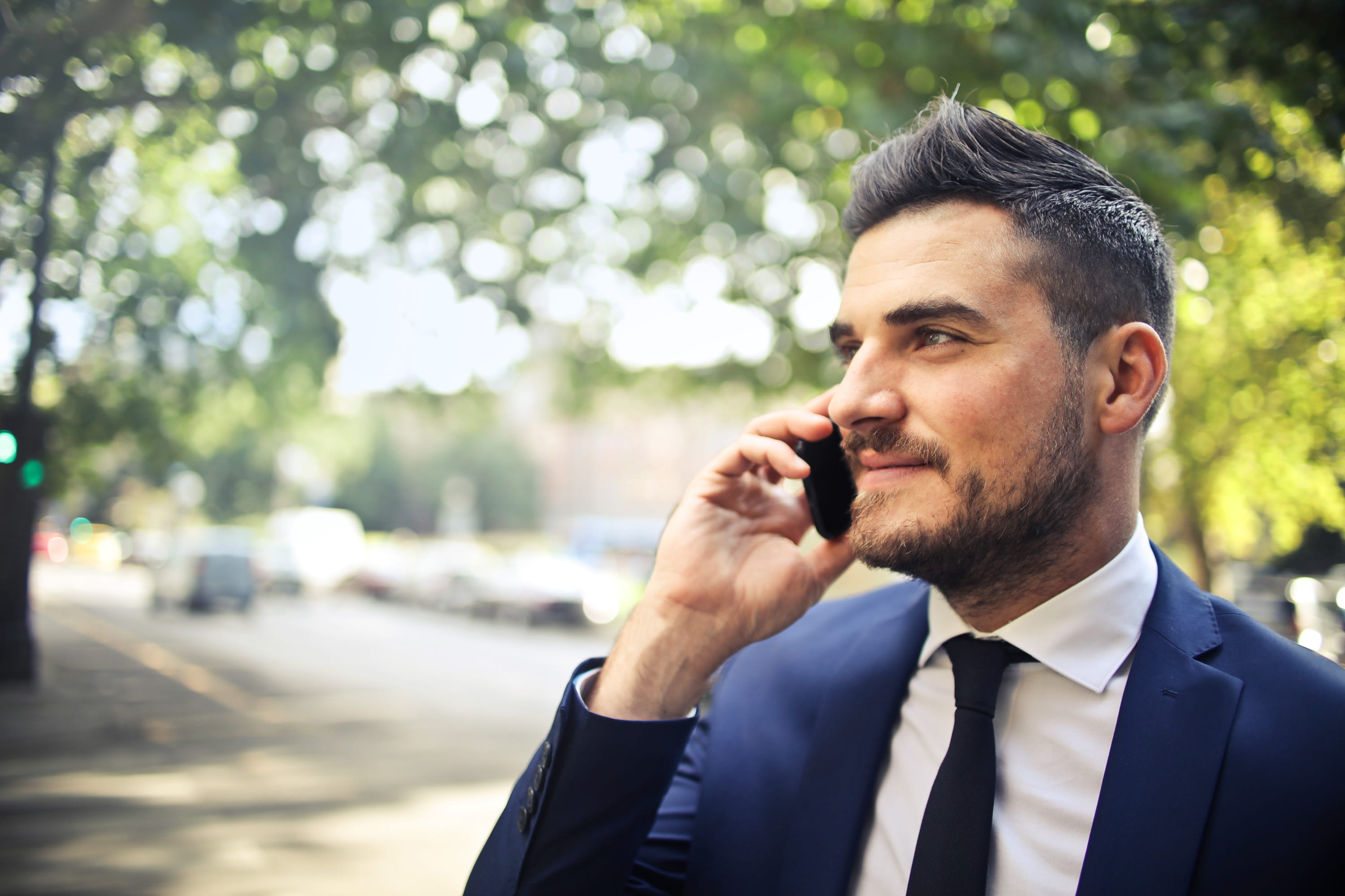Talking, beard, device, urban, Portrait, facial hair, using phone, corporate, one person, job, well-dressed, Standing, Outdoors, calling, lifestyle, white, HD Wallpaper