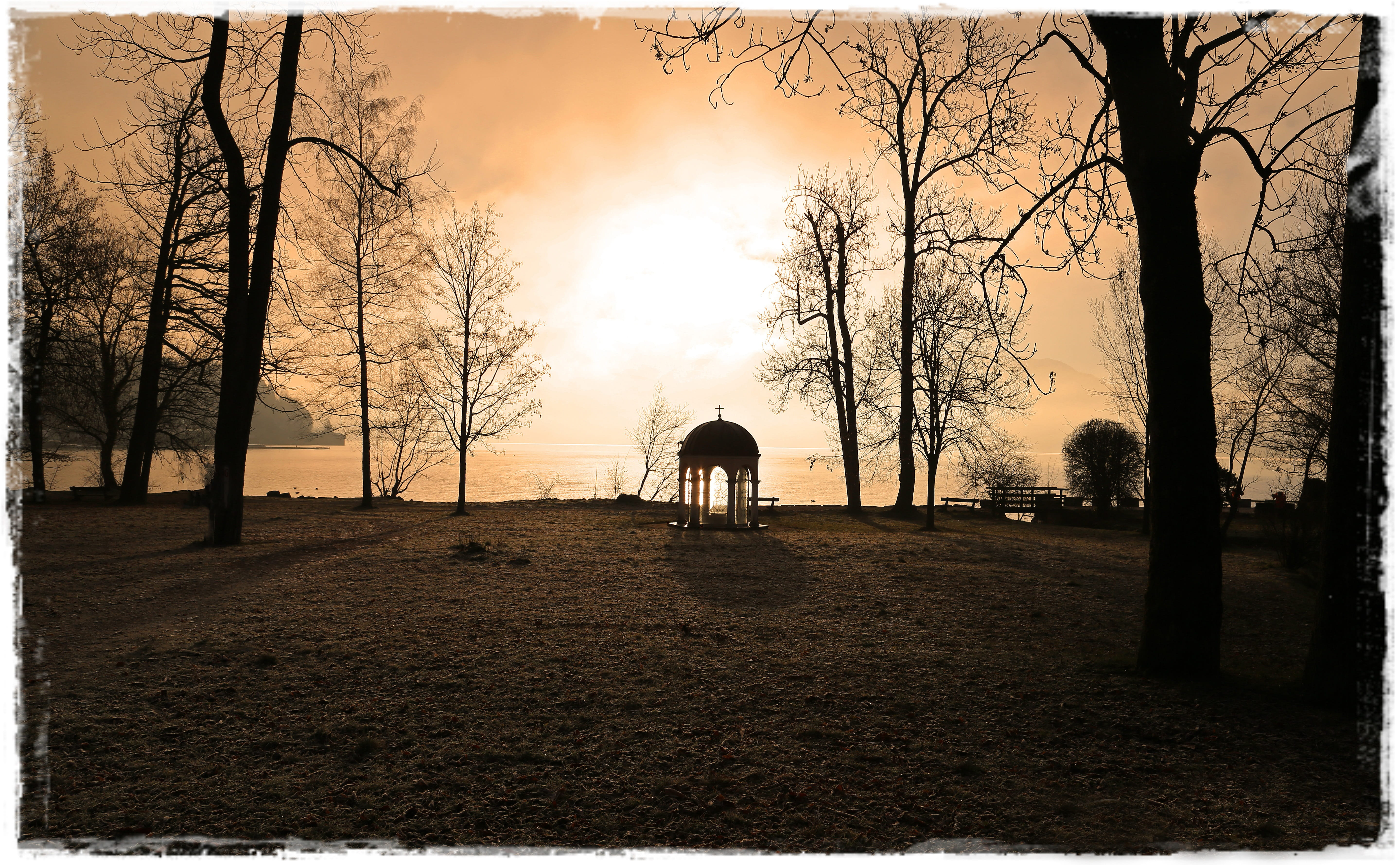 tranquility, park - man made space, silhouette, sky, tranquil scene, Morgenrot, sunset, reflections, auto post production filter, abendstimmung, autumn, HD Wallpaper