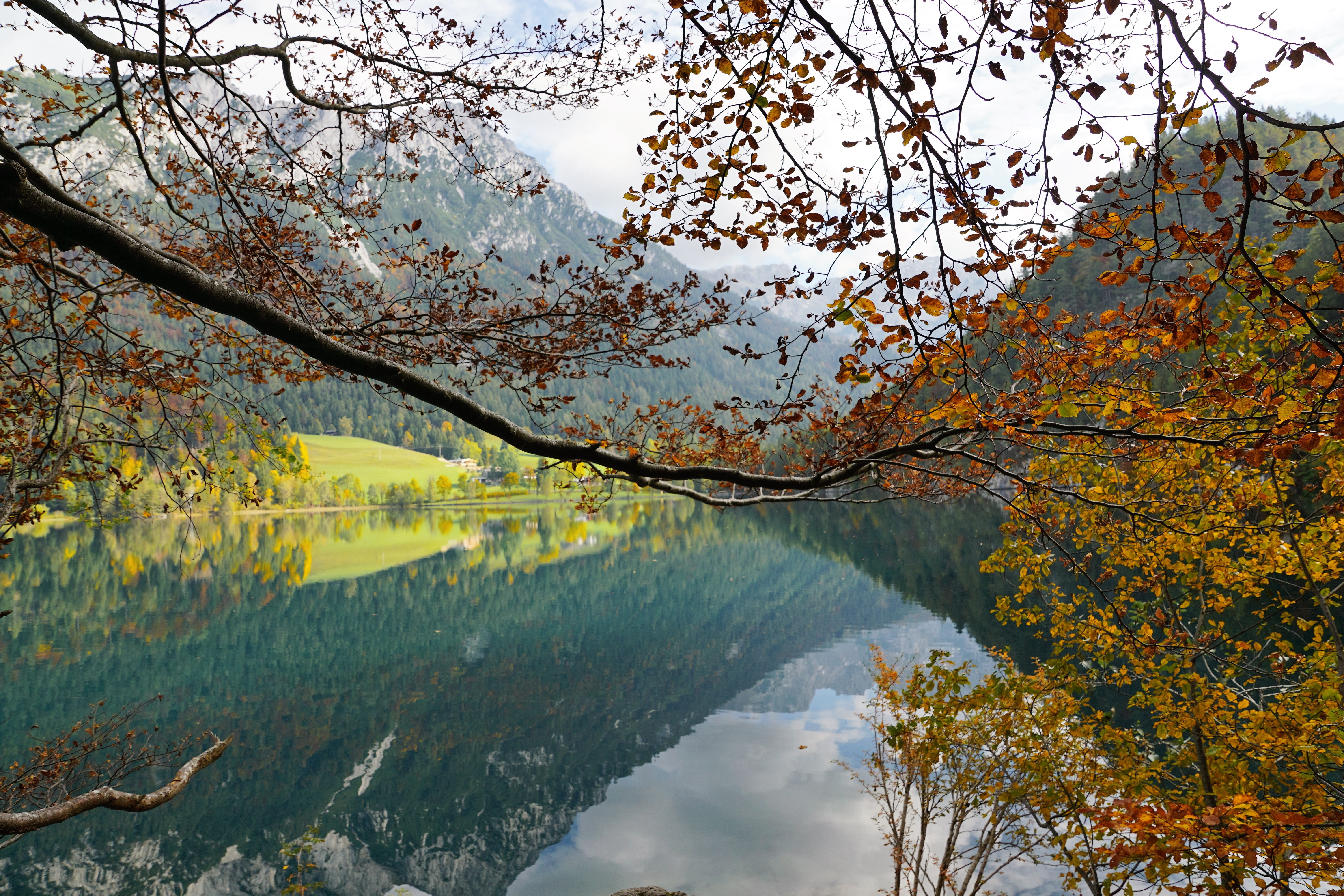 landscape, clouds, lake, austria, cherry blossom, snow, water, depression, mountain landscape, idyllic, tree, outdoors, non-urban scene, rock, wave, scheffau, HD Wallpaper