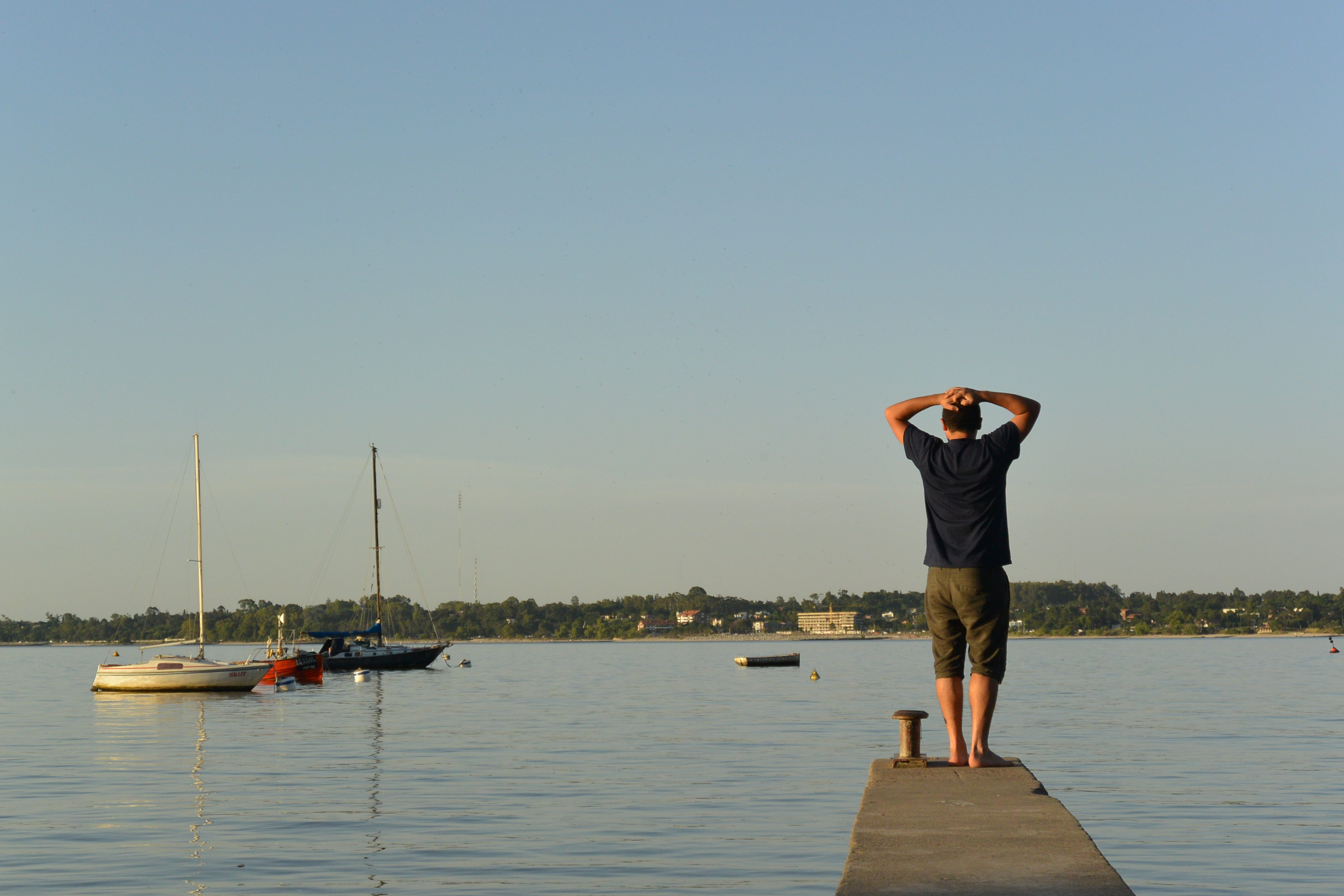 4K, heat, thoughtful, sea, rear view, back, men, lifestyles, doubt, day, nautical vessel, man, Clear, one person, solo, real people, sailboat, lake, calm, HD Wallpaper