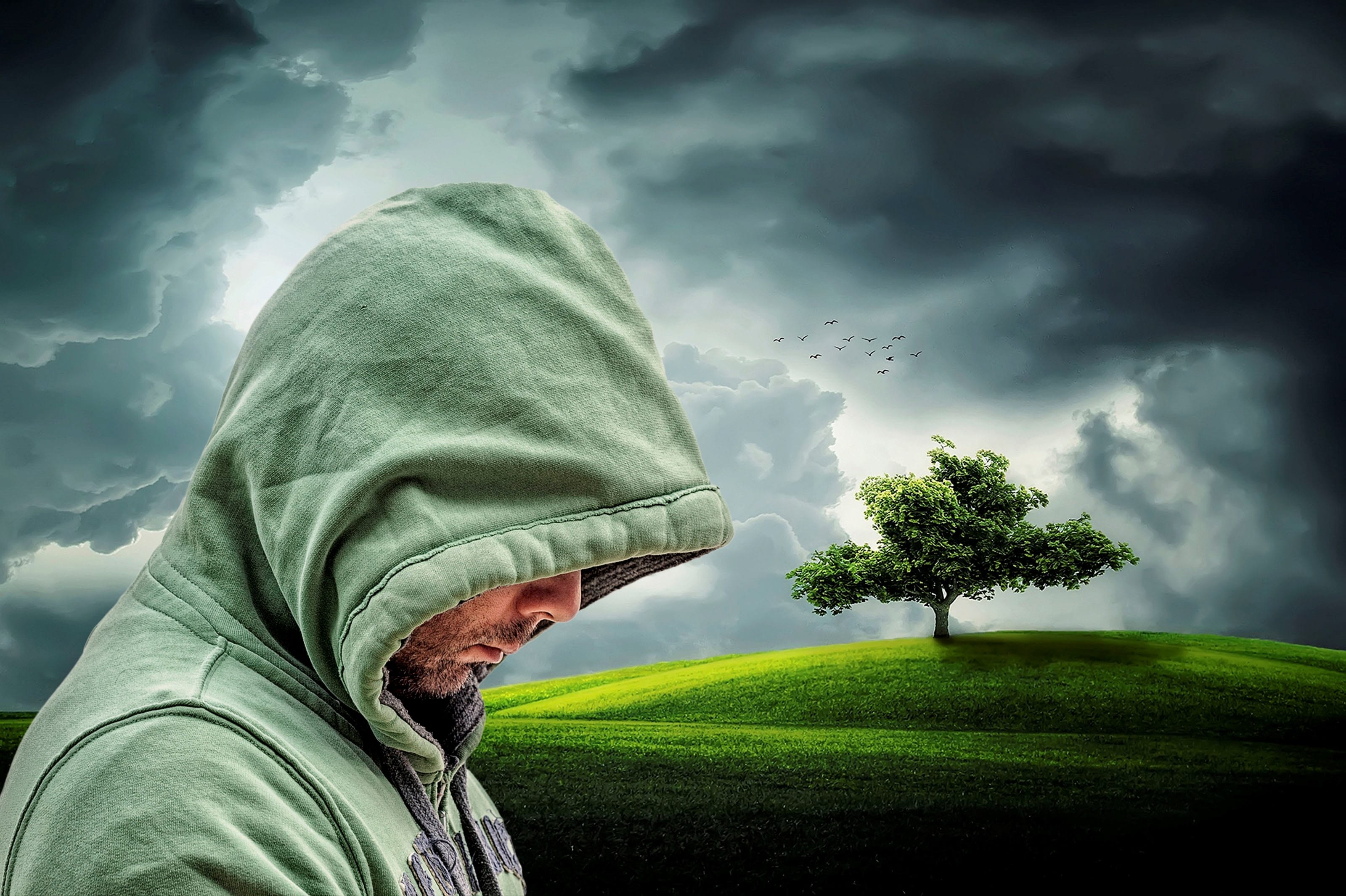 emotion, jumper, lonely, real people, field, background, hood, beauty in nature, cloud - sky, lifestyles, clouds, outdoors, tree, standing, hide, mourning, HD Wallpaper