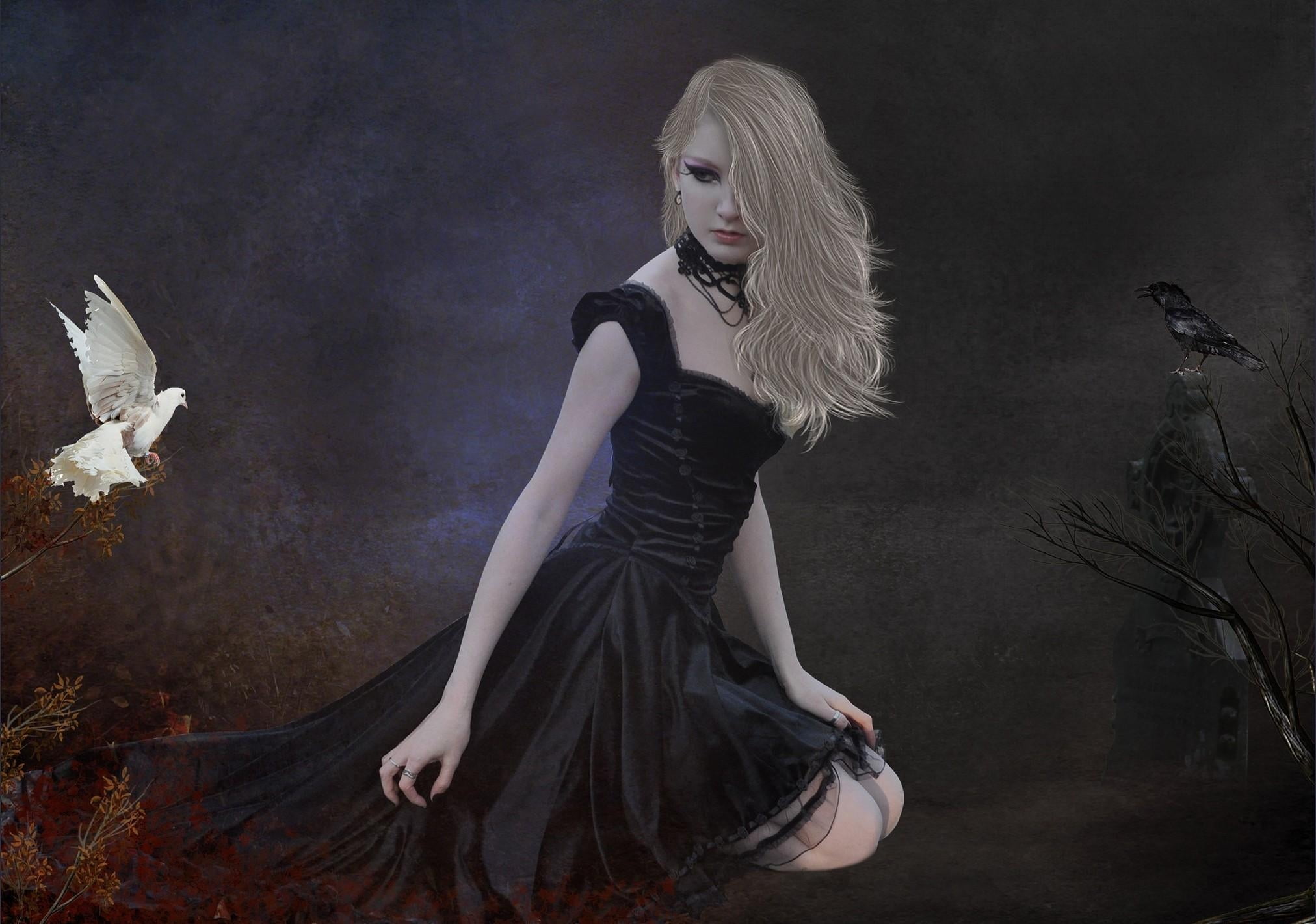 doubt, long Hair, elegance, tombstone, adult, clothing, studio Shot, strap, females, beautiful, witch, beautiful people, young women, feather, crows, black Color, HD Wallpaper