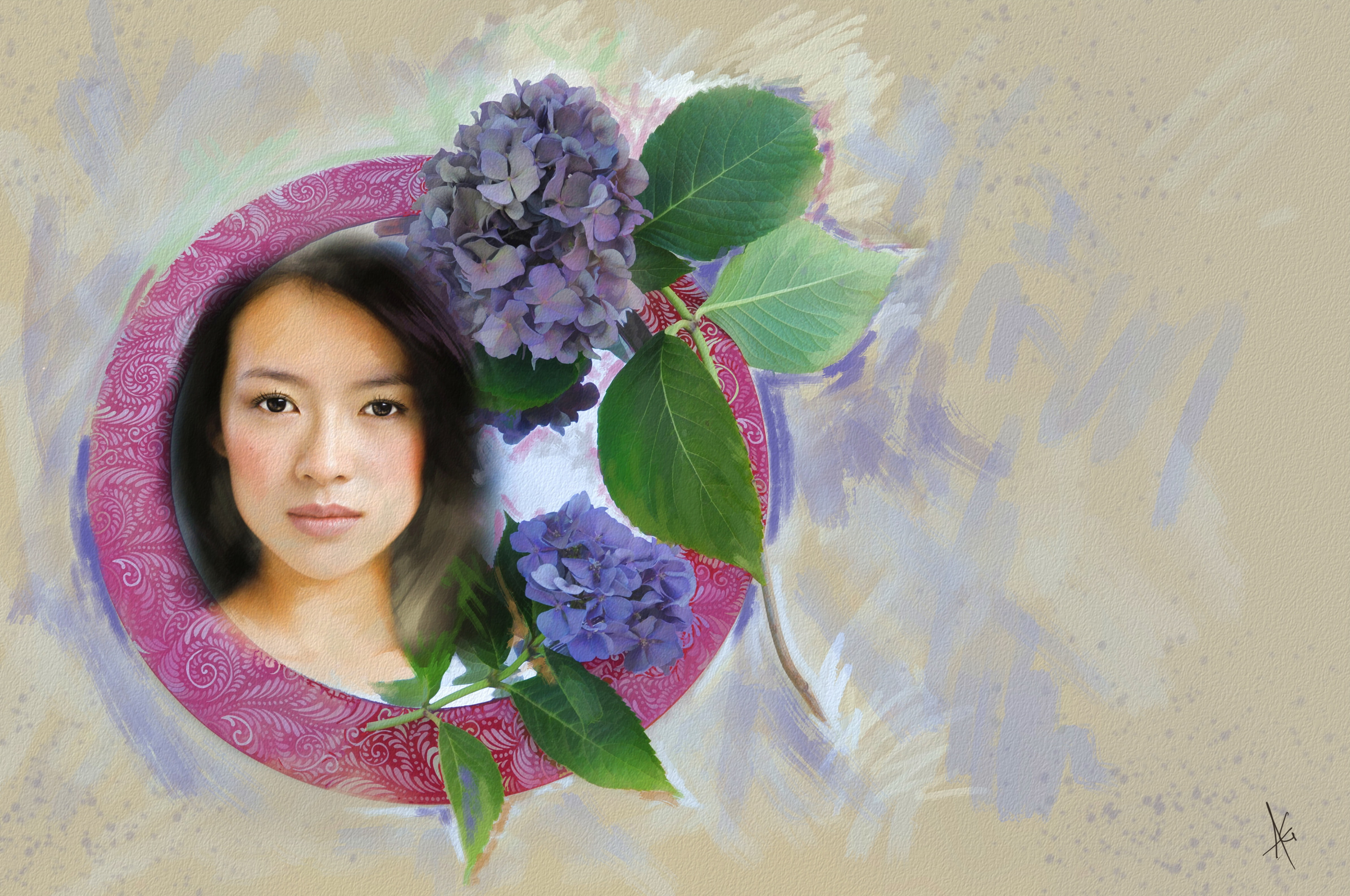 in the circle, leaves, portrait, sweetheart, drawing, hydrangea, treatment, Asian, graphics, look, face, picture, girl, 4K, digital painting, flowers, HD Wallpaper