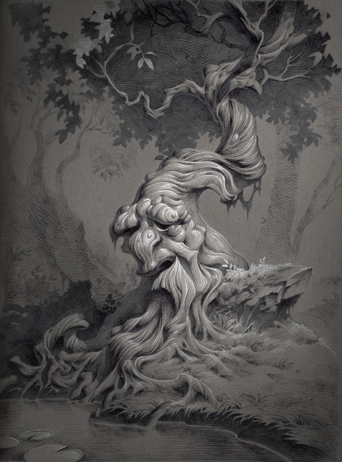 720P, face, monochrome, Kevin Keele, old tree, drawn, trees, Phone HD Wallpaper