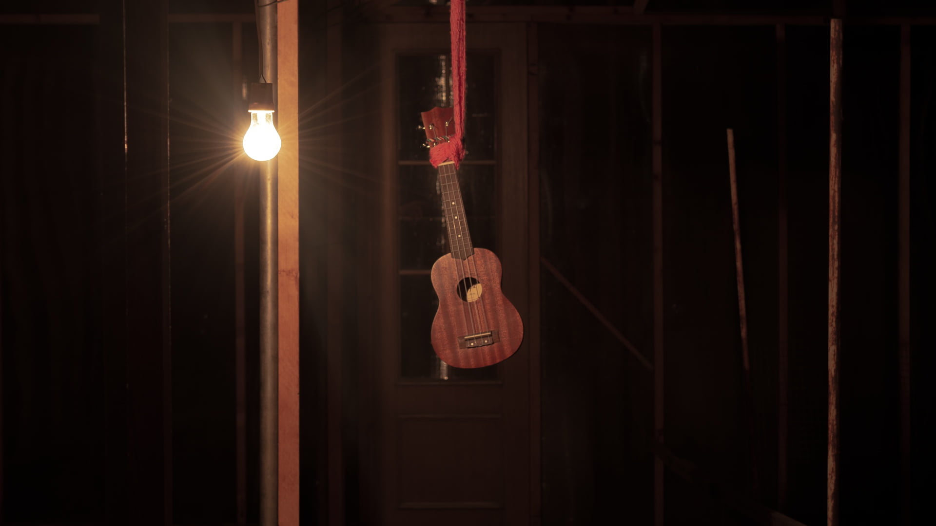 strings, 1080P, ukulele, night, light bulb, loop, scarf, light, fear, music, creativity, greenhouse, Fenichka, the door, tool, darkness, photo, mystic, HD Wallpaper