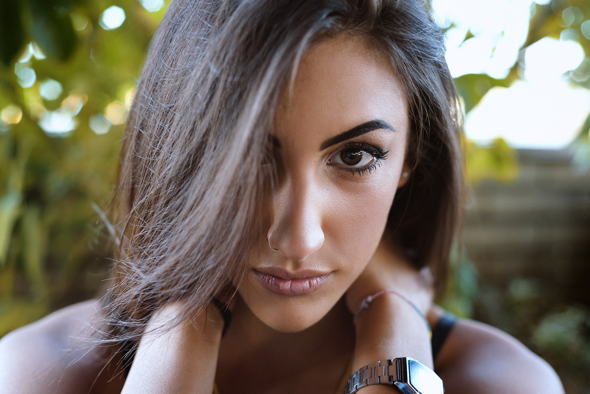 nose rings, portrait, close-up, focus on foreground, young women, depth of field, smiling, hair, one person, 1080P, beauty, face, beautiful woman, looking at camera, HD Wallpaper