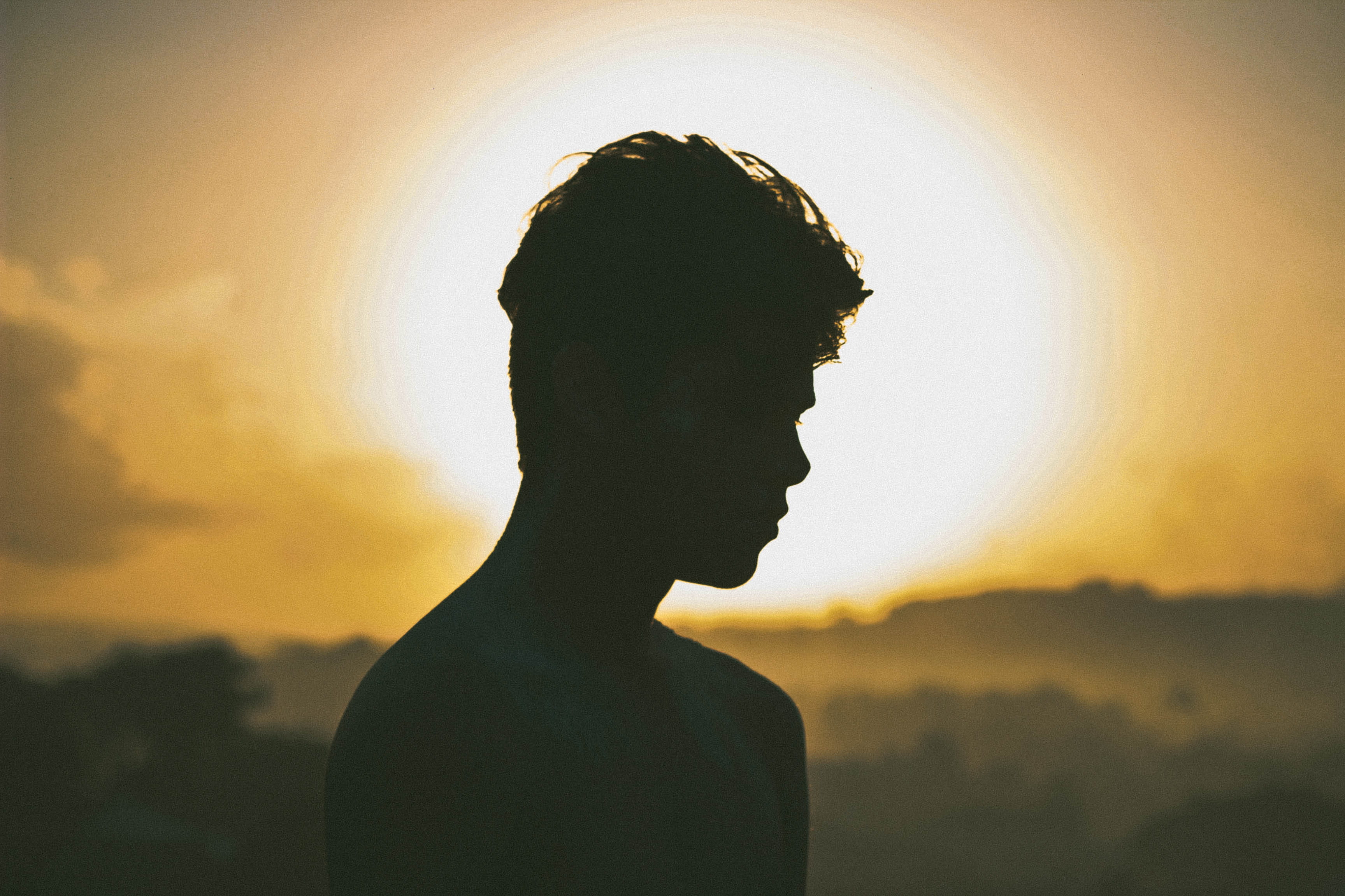 looking, digital composite, sky, mid adult, sunset, hairstyle, headshot, pale, one person, 2K, profile view, nature, men, outdoors, anxiety, depression, HD Wallpaper