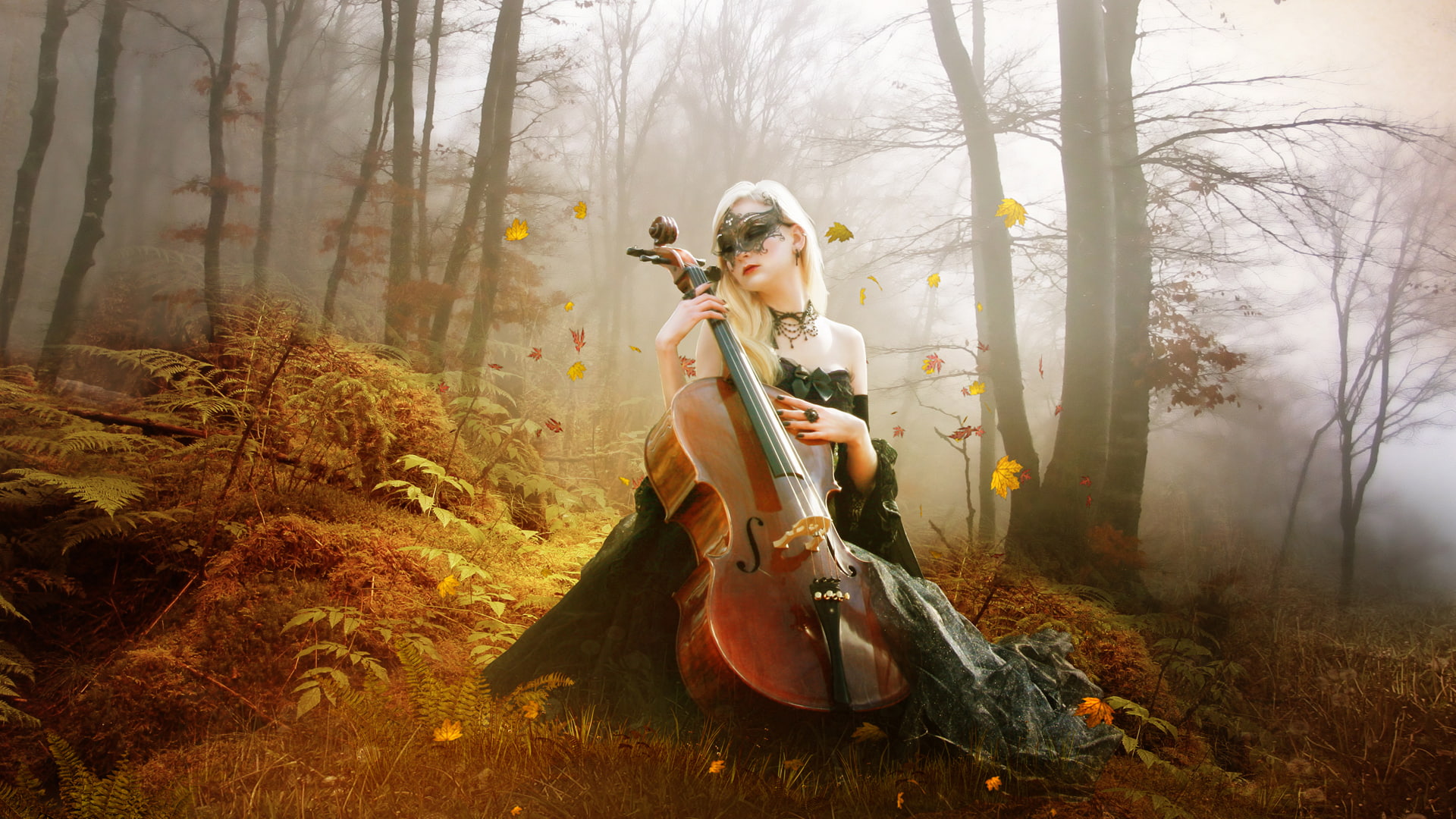 bosques, violoncelo, 1080P, fantasia, ninfa, mascara, HD Wallpaper