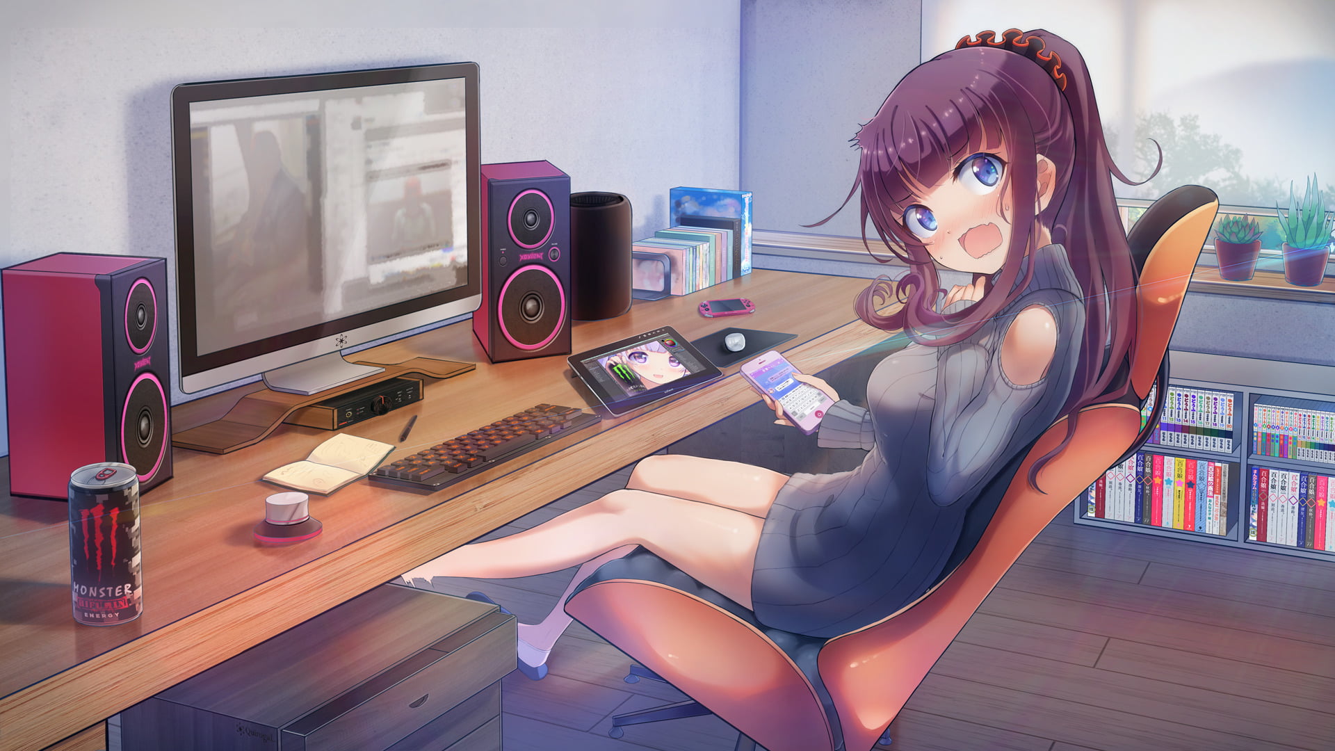real people, table, 1080P, looking at camera, New Game!, indoors, young women, Anime, young adult, lifestyles, working, one person, women, sitting, hairstyle, HD Wallpaper