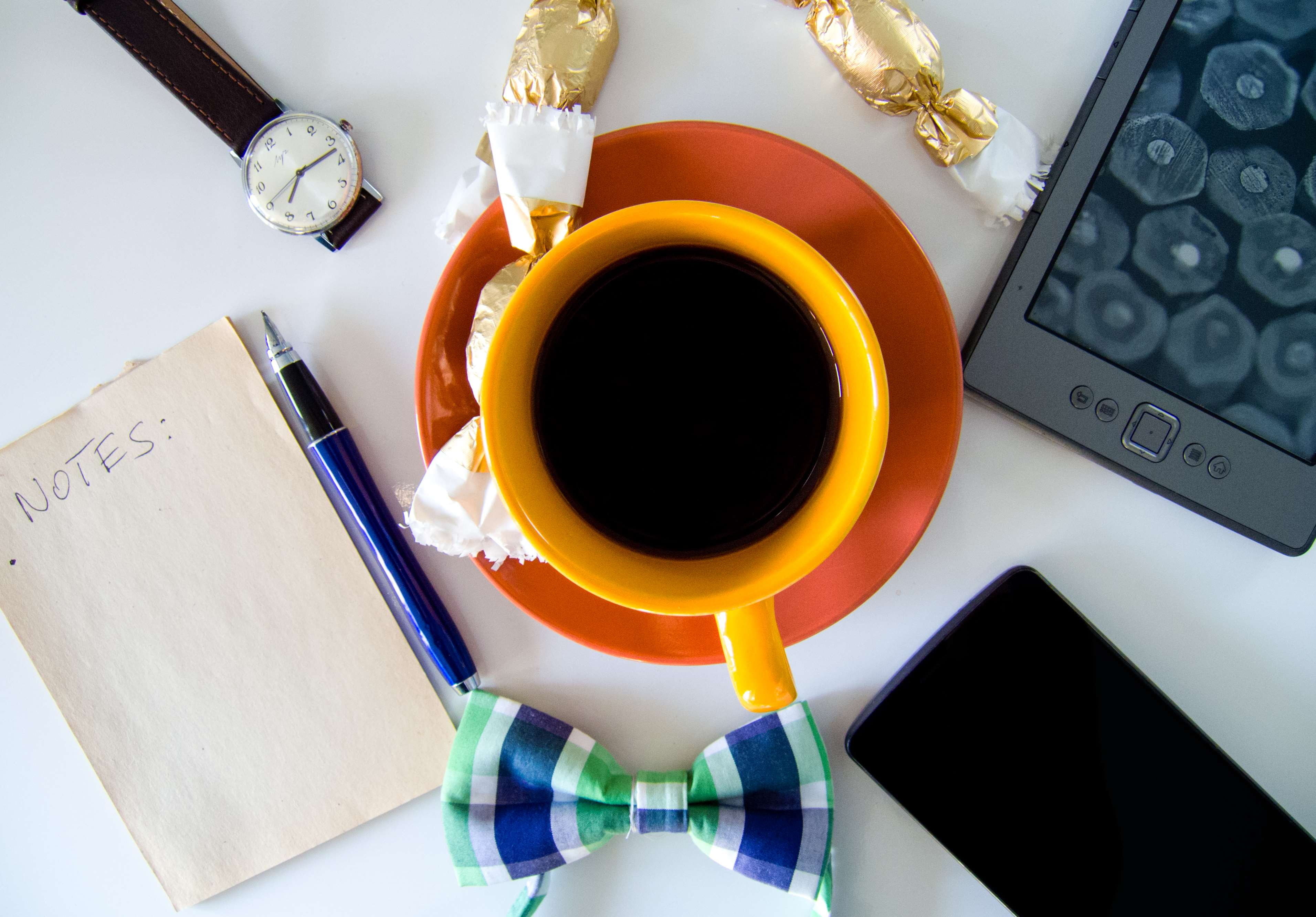 2K, clean, smartphone, calm, close-up, composition, morning, beautiful, book, refreshment, drink, notes, minimalism, cup, no people, pen, coffee - drink, HD Wallpaper
