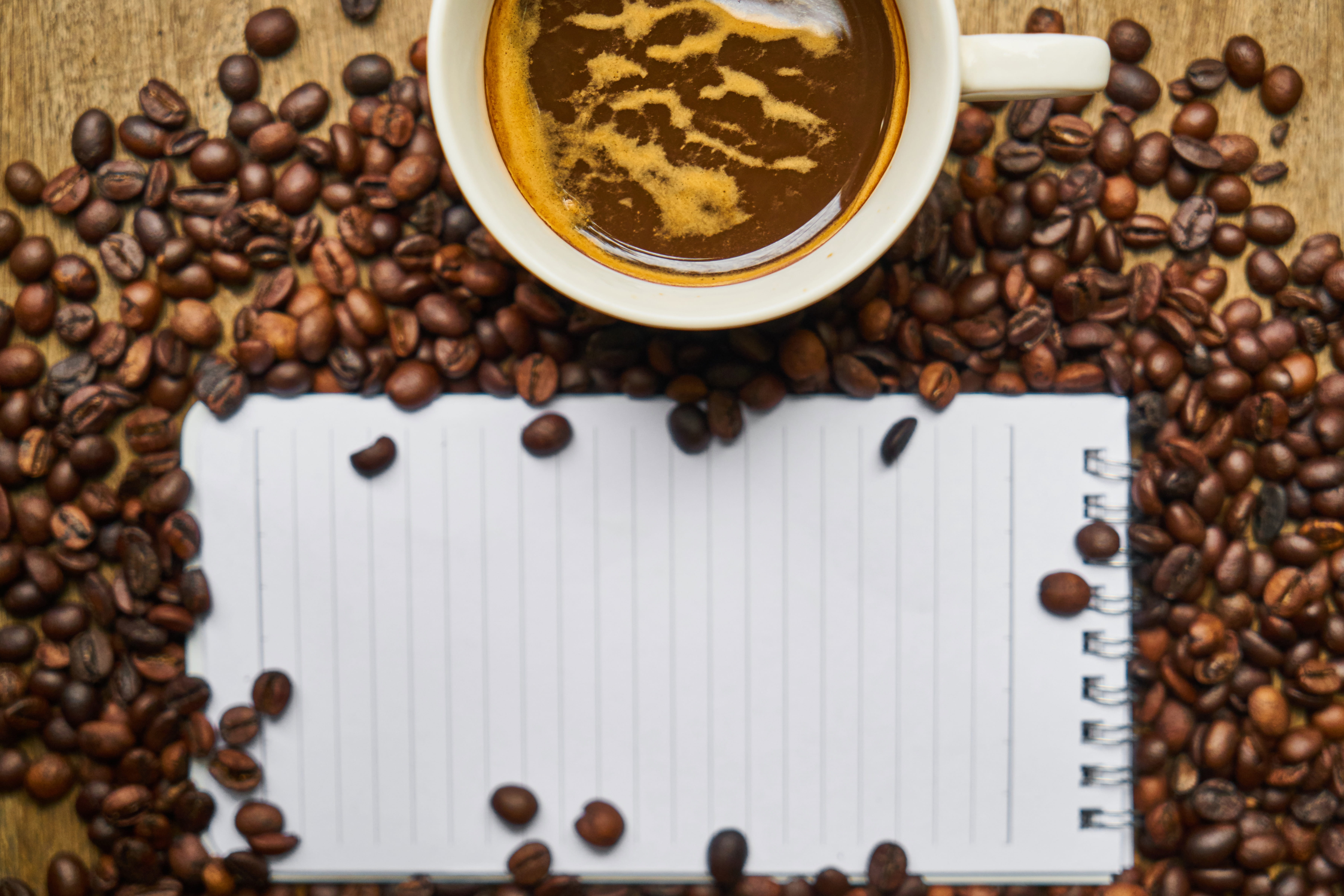 restaurant, notebook, page, roasted coffee bean, macro, nutrition, freshness, healthy lifestyle, cappuccino, Beverage, read, coffee - drink, drink, wood, HD Wallpaper