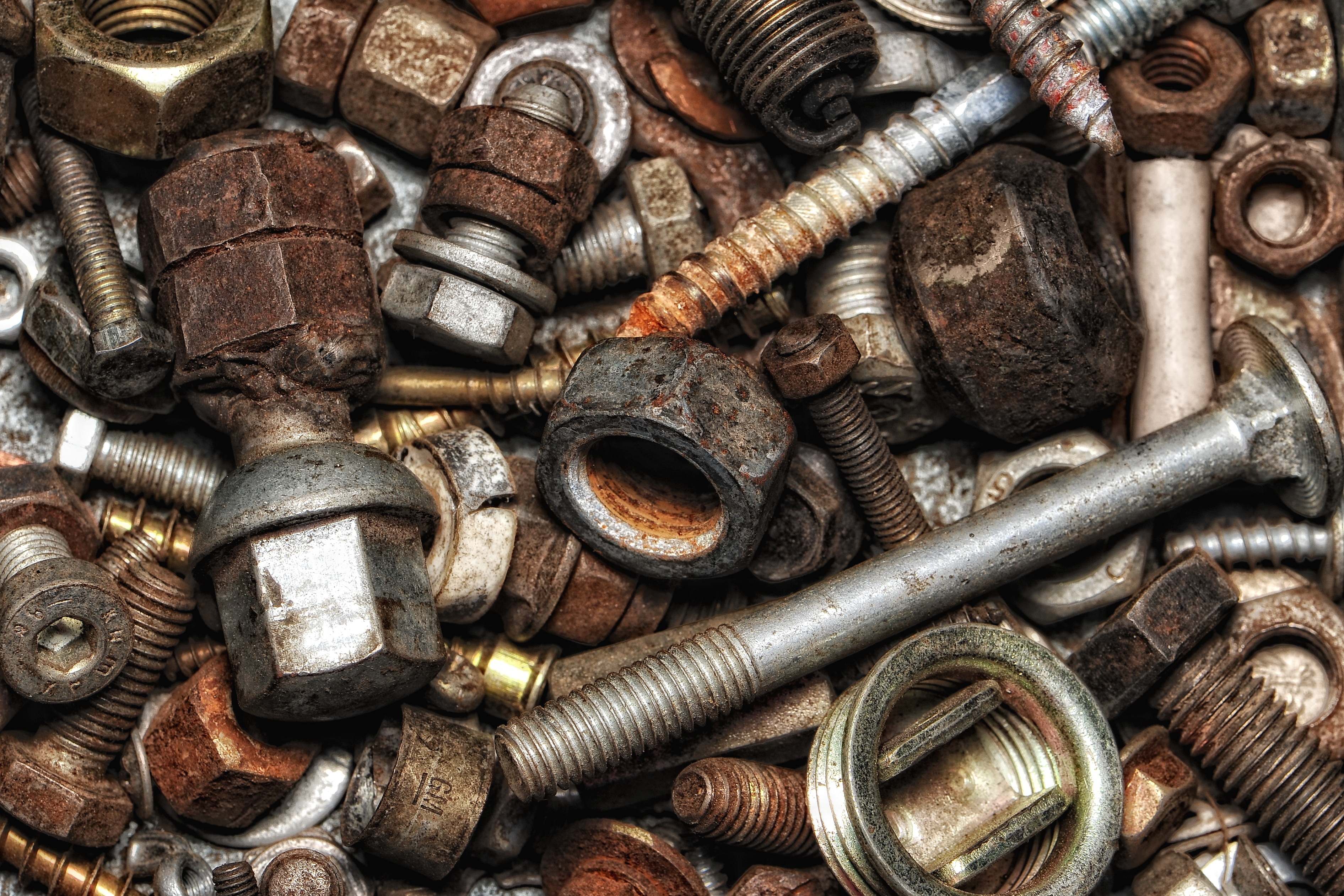 metal, rusty, high angle view, nut - fastener, close, deterioration, no people, bolt, iron, backgrounds, abundance, connection, nut, 2K, industry, stack, HD Wallpaper