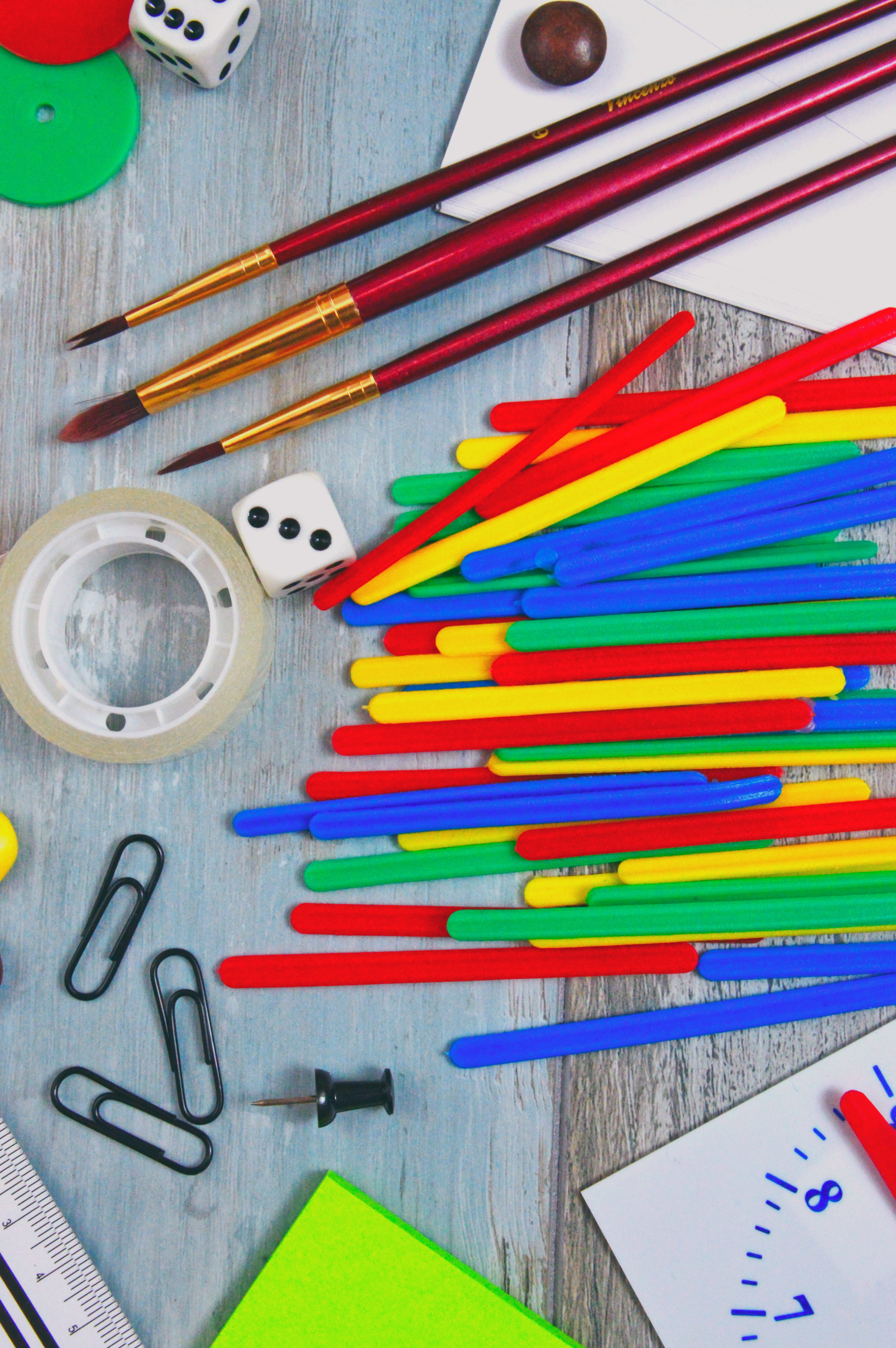 close-up, 5K, paint, school starts, indoors, pen, no people, table, scissors, creative, still life, paper, large group of objects, pencils, art and craft, Phone HD Wallpaper