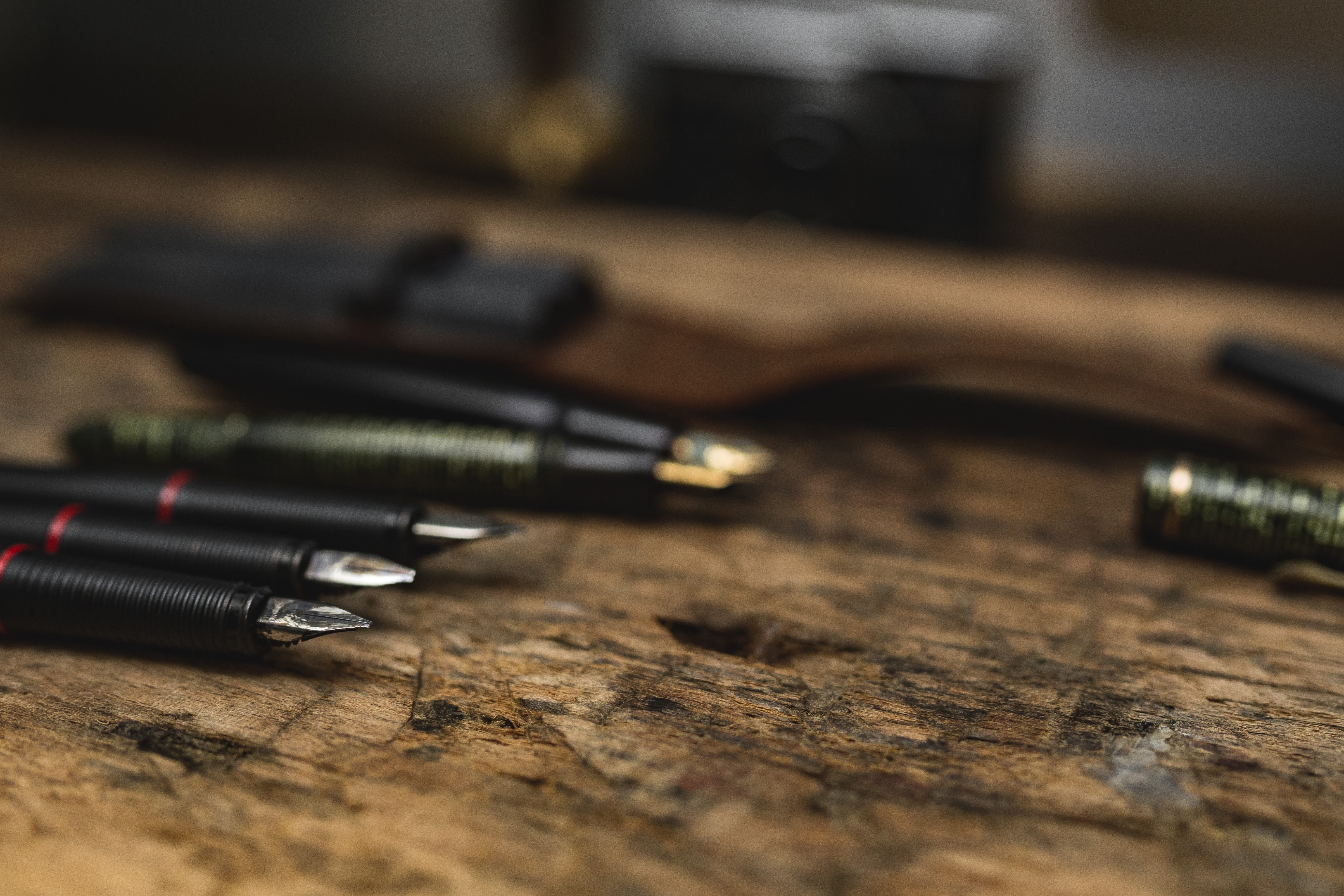 close, 4K, pen, weapon, technology, ink, pens, view, metal, gun, equipment, wood - material, no people, indoors, communication, arts culture and entertainment, HD Wallpaper