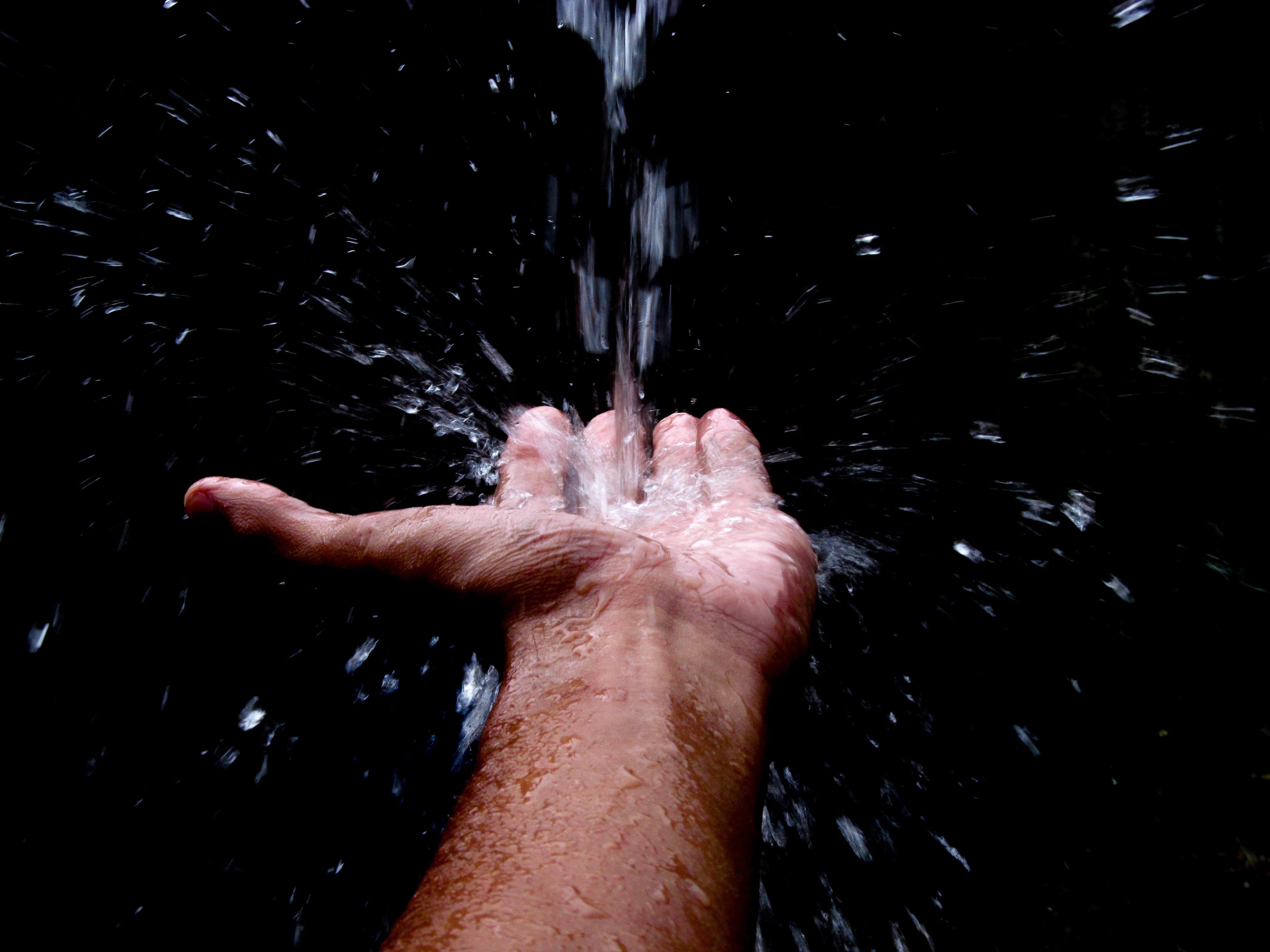 purity, 4K, human body part, drain, personal perspective, raining, macro, abstraction, lifestyles, splashing, Focus, person, drop, left, catching, black background, HD Wallpaper