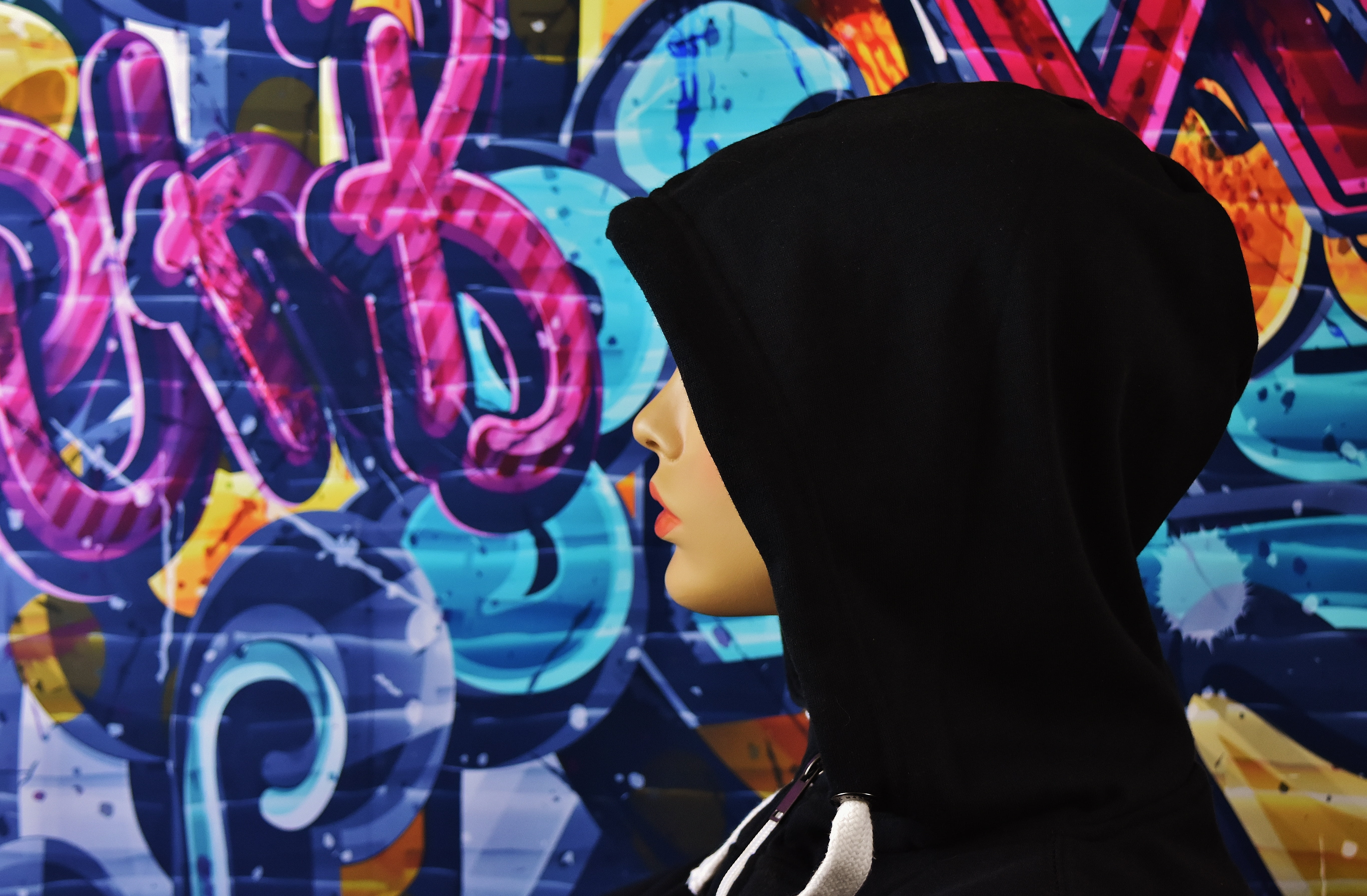 street art, black, indoors, hat, multi colored, graffiti, rear view, men, wall, headscarf, beside, one man only, human body part, wearing, hijab, portrait, HD Wallpaper