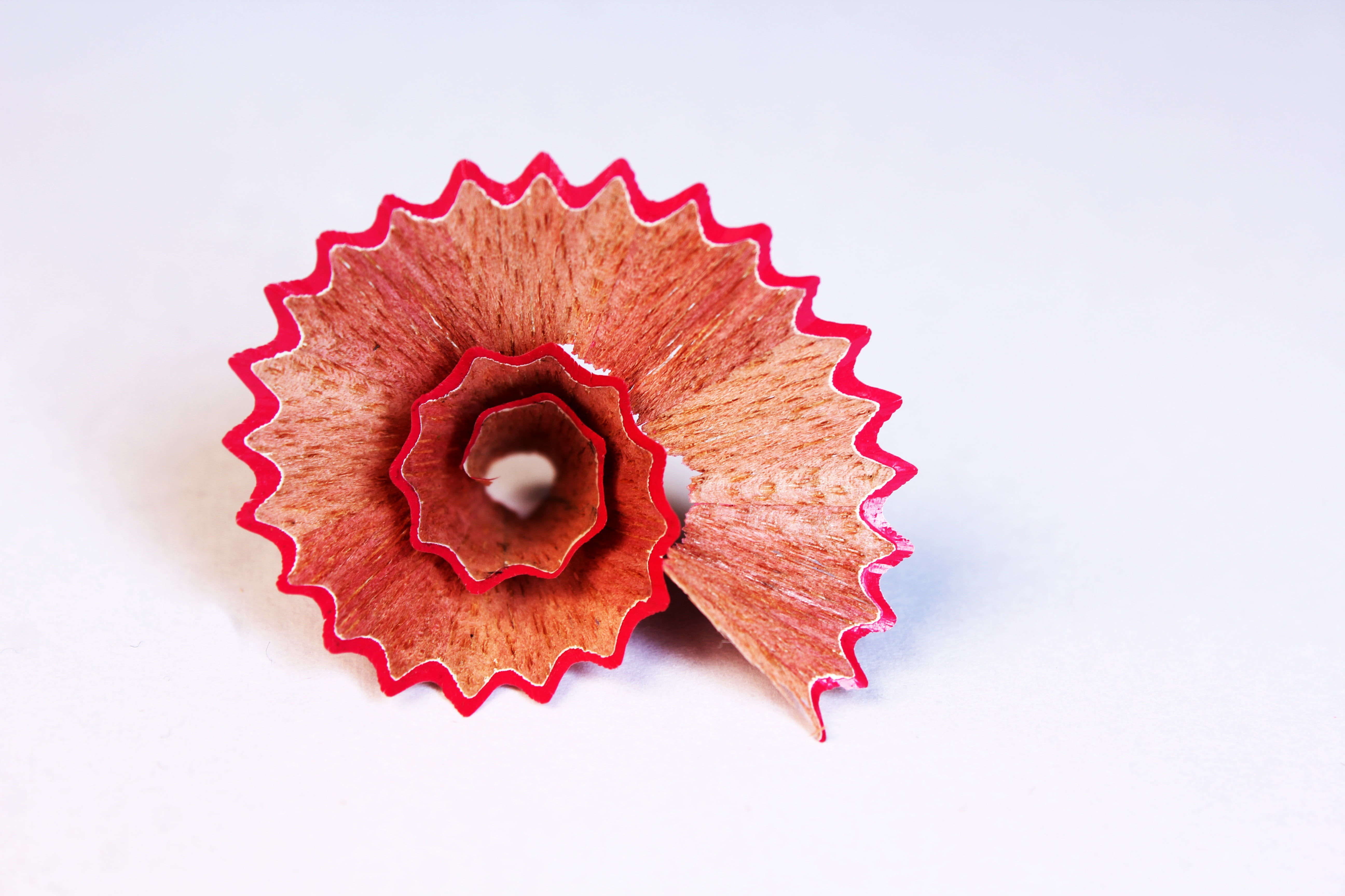 red, waste, directly above, close-up, peel, pencil sharpener waste, 5K, wood - material, creativity, macro, art, white background, shape, heart shape, HD Wallpaper