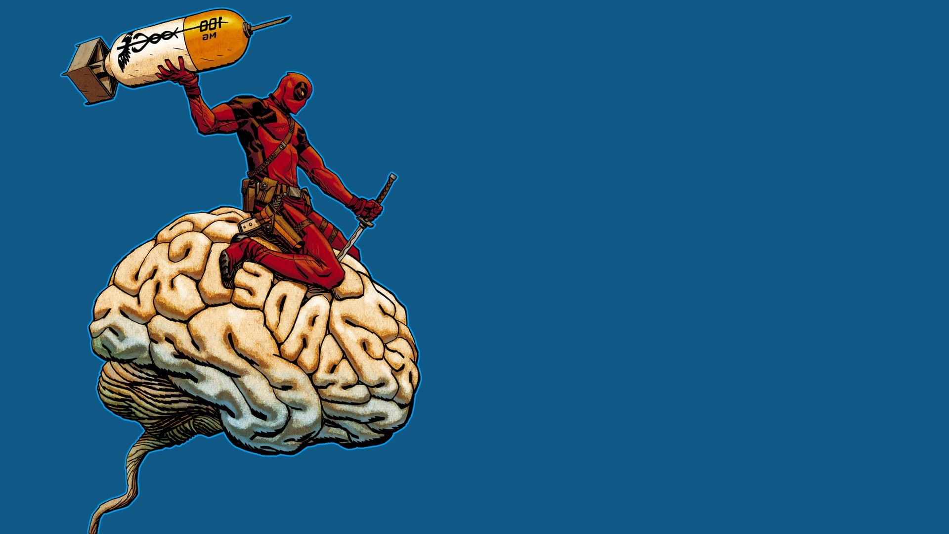 deadpool comic art, human representation, side view, human brain, art and craft, arms raised, sky, 1080P, holding, representation, full length, blue, people, HD Wallpaper