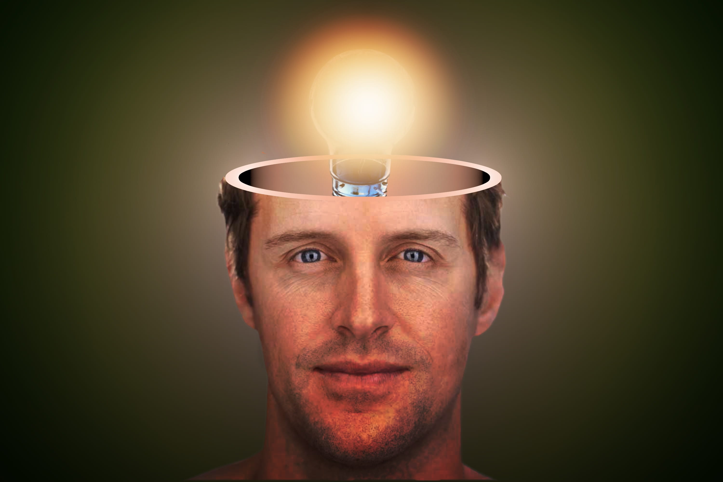 indoors, human, glowing, light, illuminated, digital composite, portrait, brain, front view, looking at camera, 2K, bright, innovation, man, studio shot, HD Wallpaper