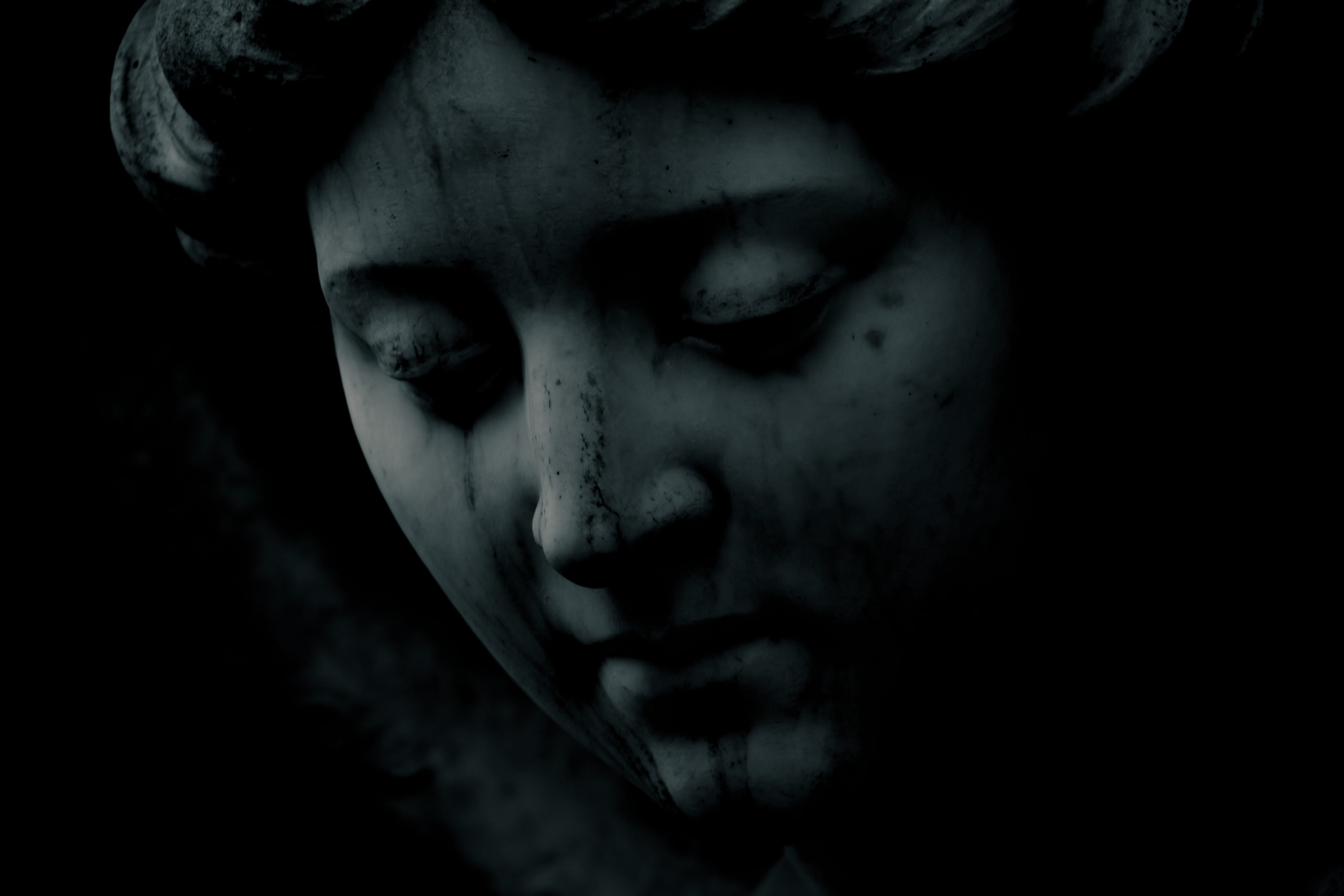 close-up, woman, dark, innocence, real people, domestic room, grave, cemetery, focus on foreground, mouth open, statue, human body part, lifestyles, 5K, HD Wallpaper