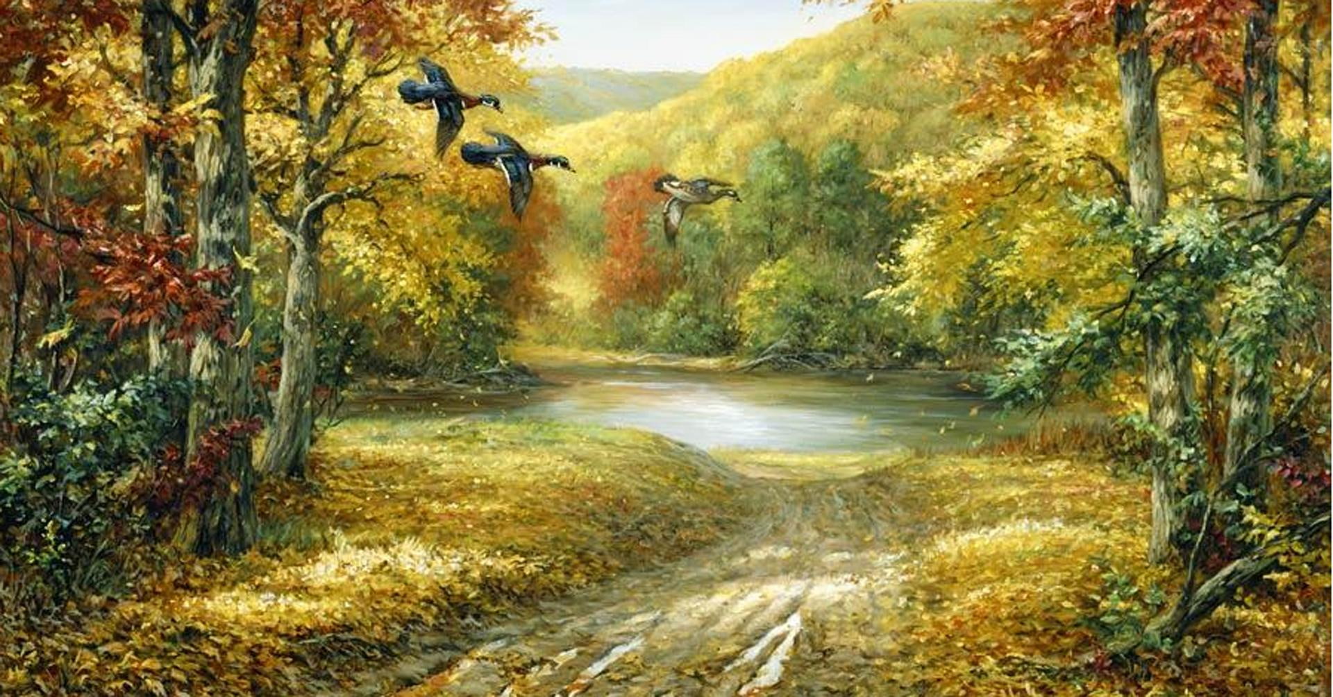 weeds, ducks, painted, birds, brown, hills, mountains, autumn, mural, forest, shrubs, outdoors, fall, 1080P, yellow, HD Wallpaper