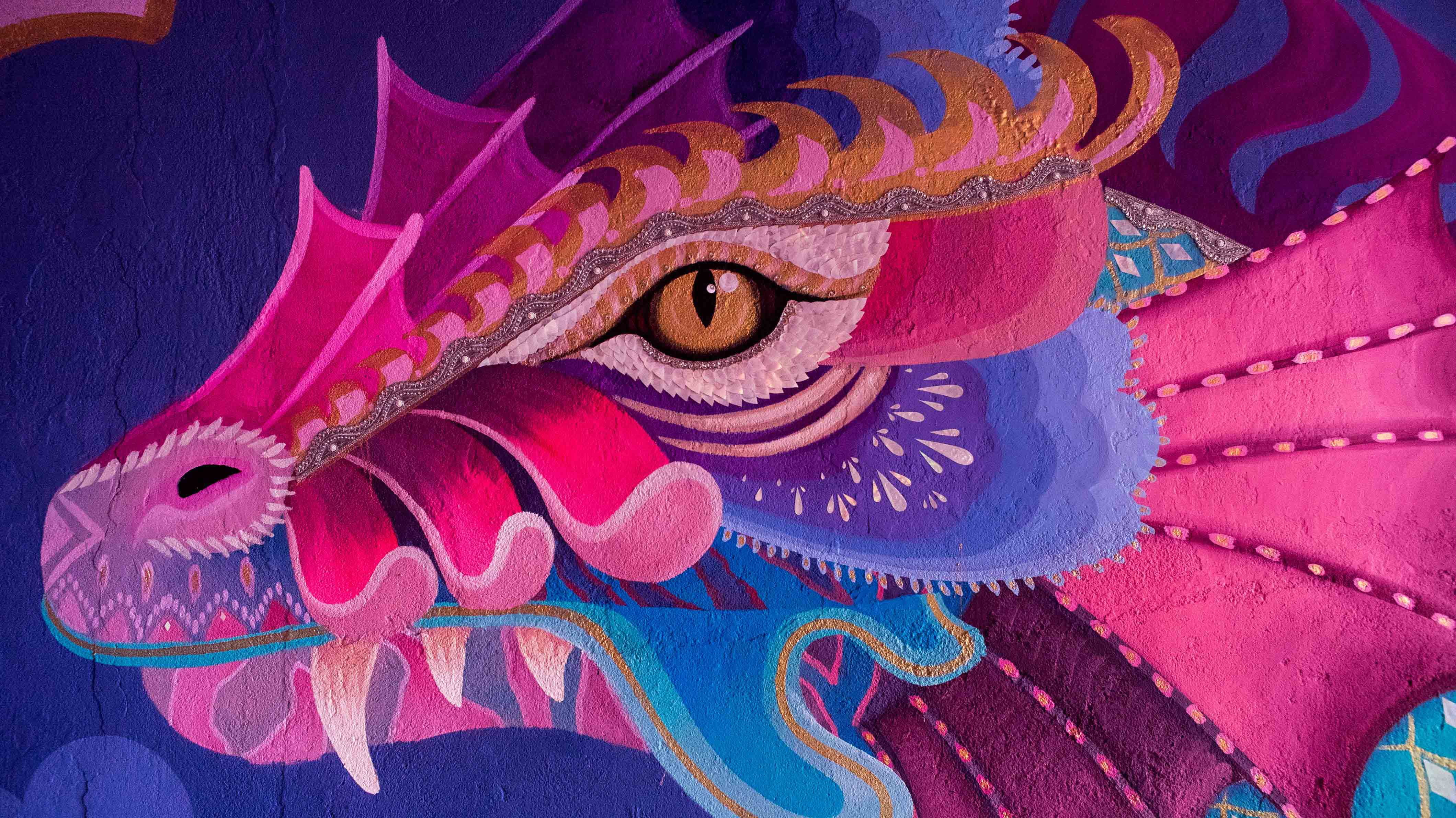 4K, wall, dragon, fangs, mural, eyes, pink, artwork, purple, HD Wallpaper
