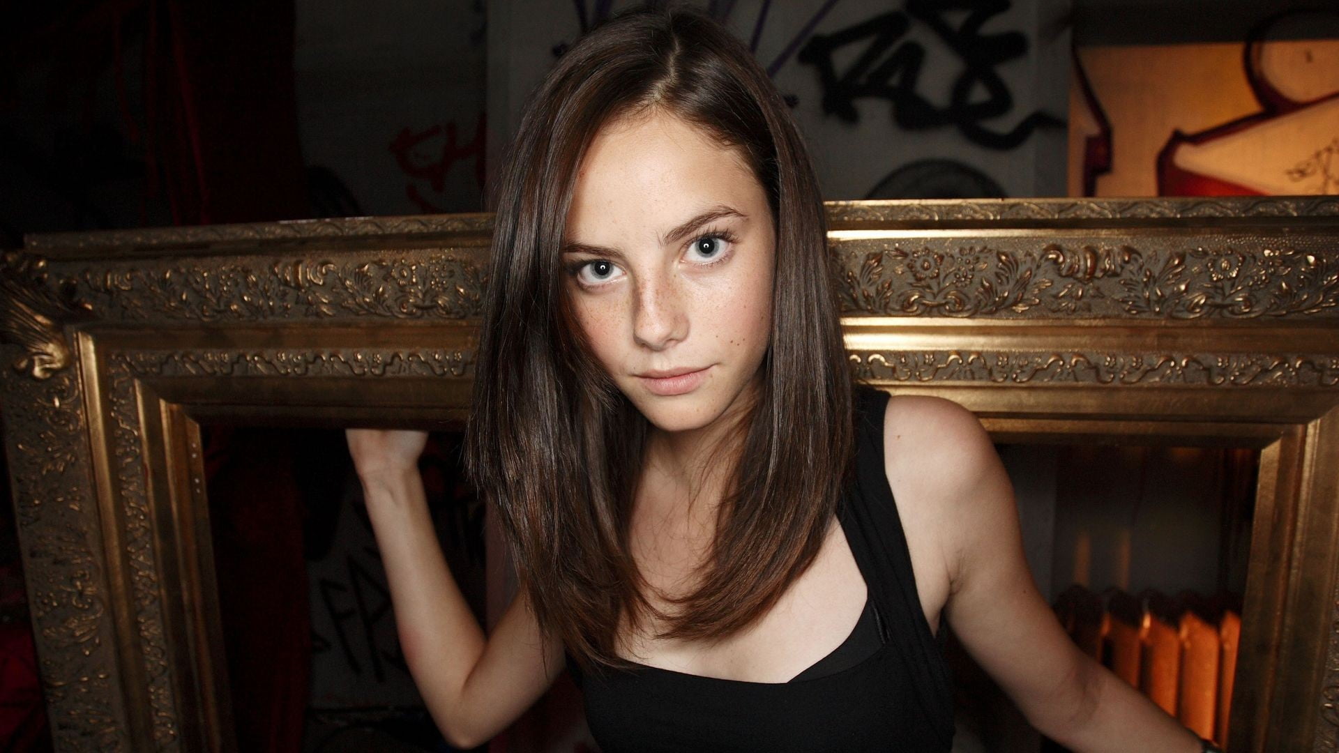 long hair, model, freckles, Kaya Scodelario, actress, headshot, hair, nightlife, hairstyle, looking at camera, beauty, 1080P, portrait, beautiful woman, HD Wallpaper