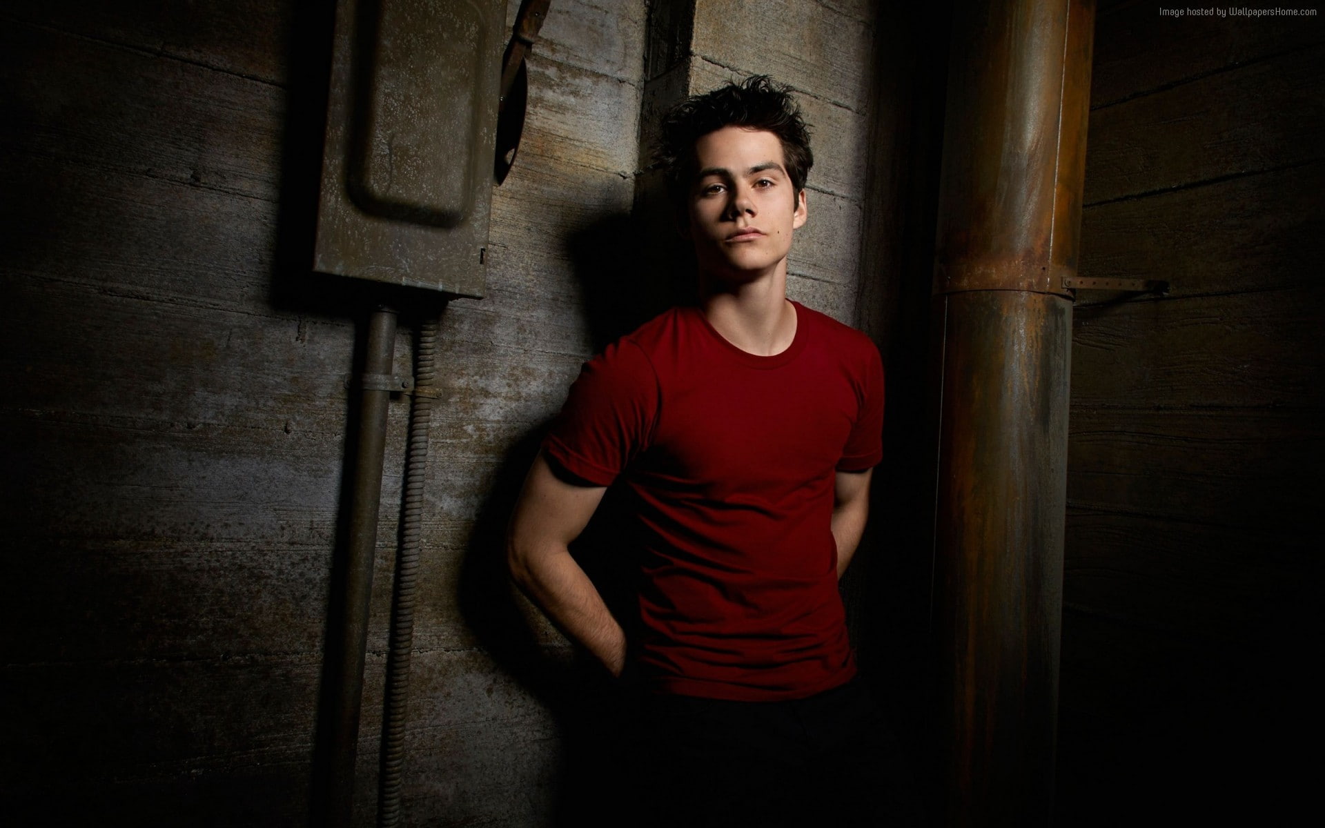 t-shirt, red, Dylan OBrien, dark, casual clothing, looking at camera, real people, front view, 1080P, indoors, standing, brown hair, adult, architecture, HD Wallpaper
