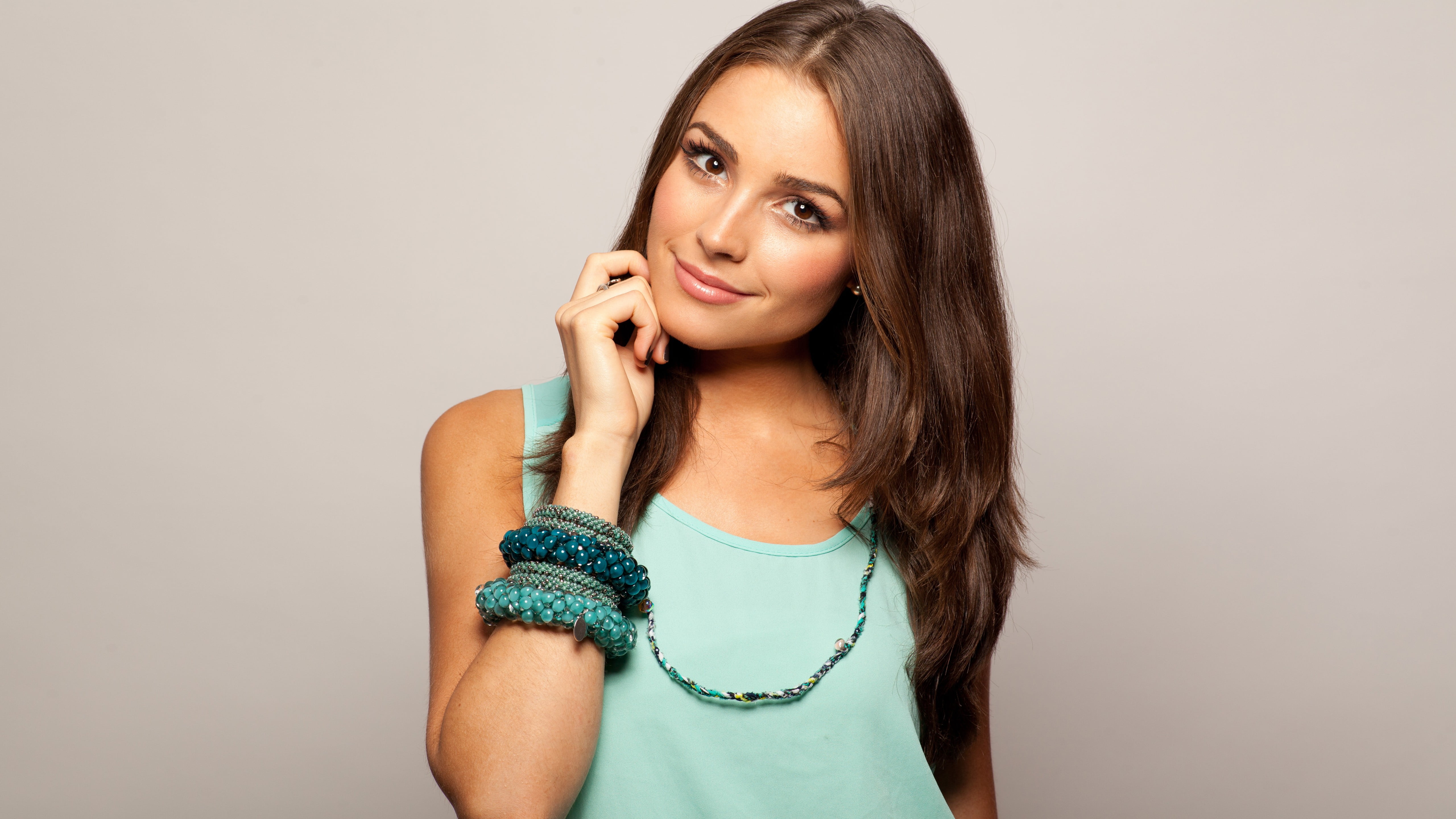 young adult, women, young women, one person, brown hair, long hair, Olivia Culpo, lifestyles, 5K, smiling, hair, studio shot, casual clothing, indoors, HD Wallpaper