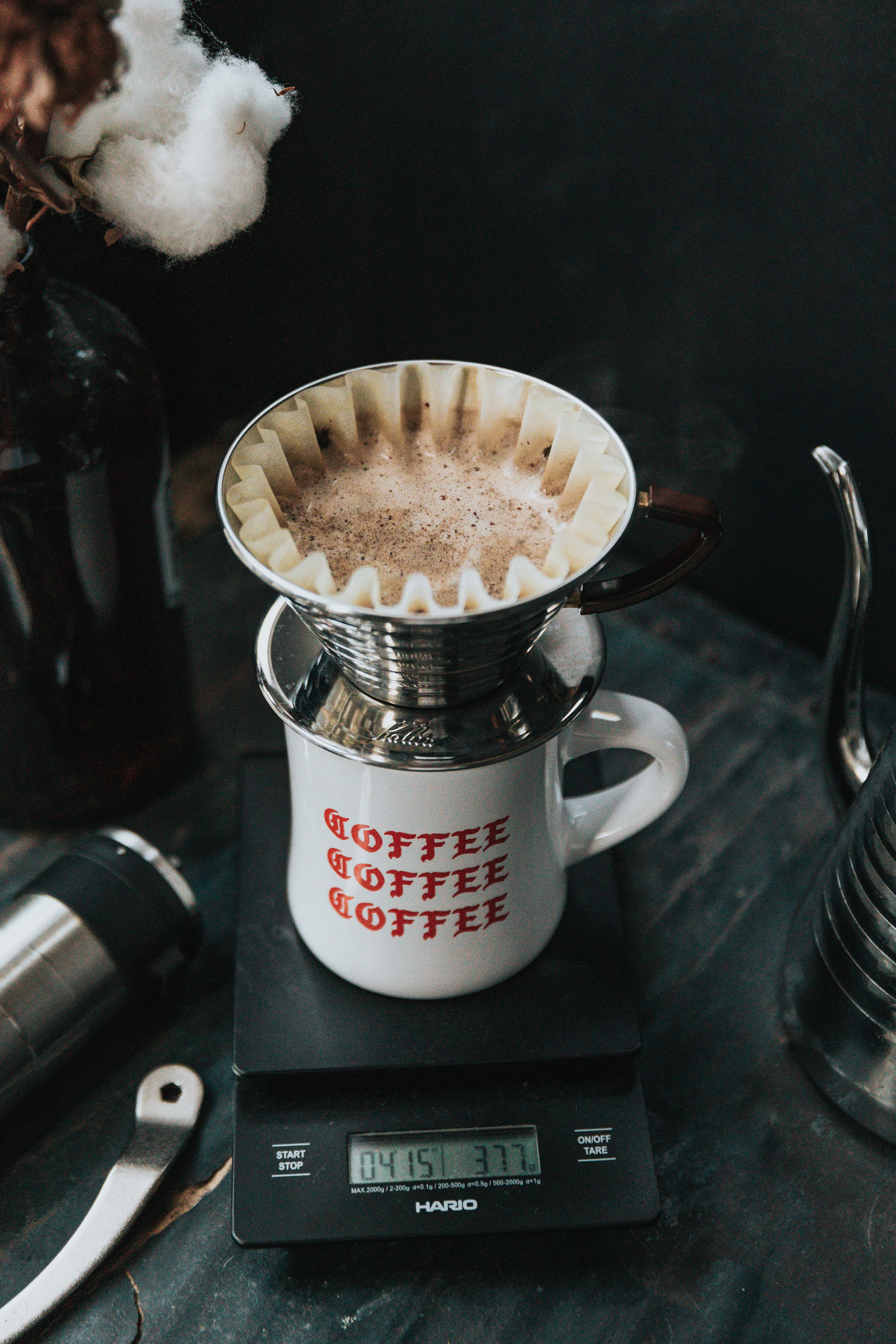 still life, no people, stove, white, mug, communication, pocket, western script, coffee pot, close-up, drip coffee, hario, v60, food and drink, 5K, scale, Phone HD Wallpaper