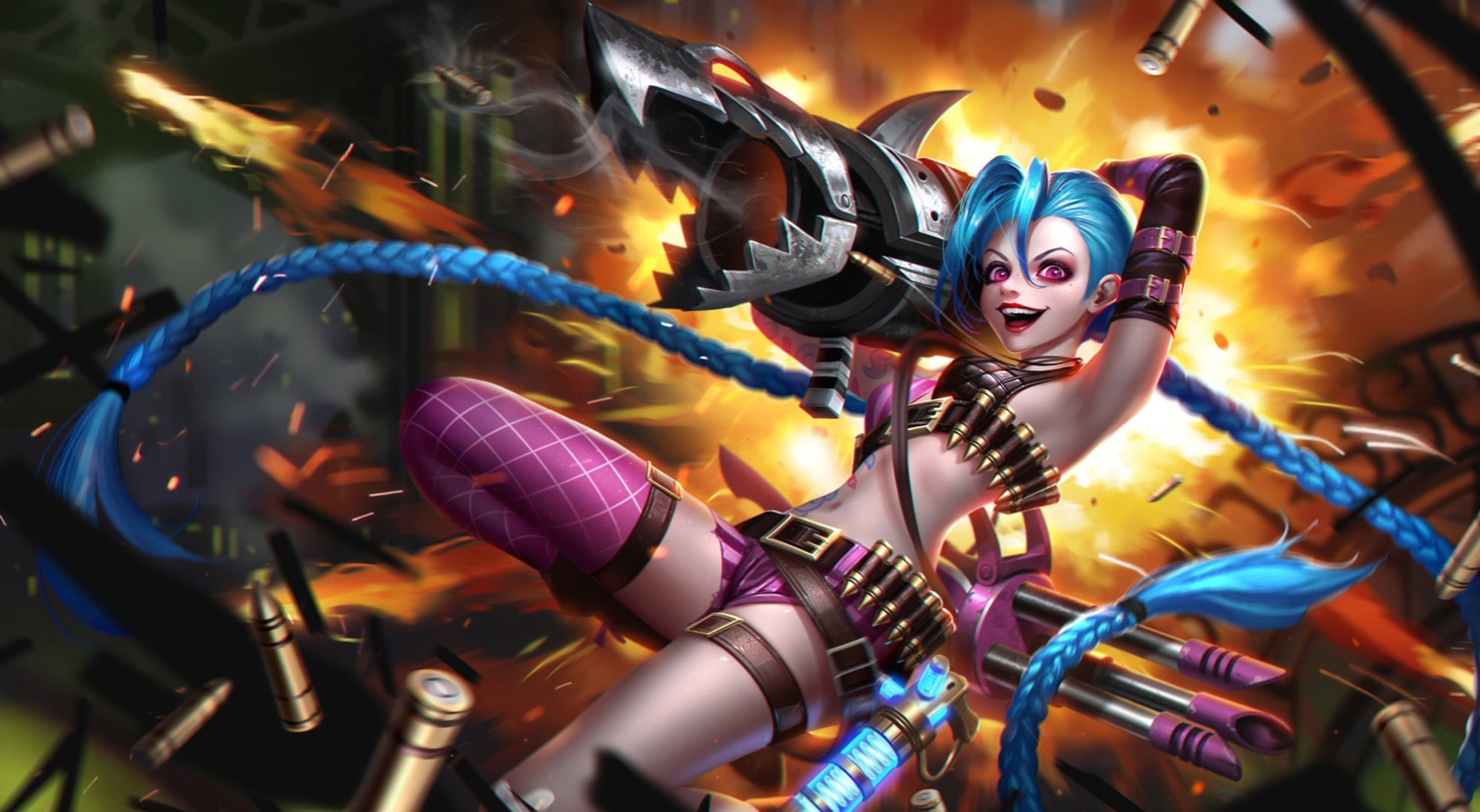art, jinx, Bazooka, 1080P, girl, loose cannon, smile, League of Legends, hair, HD Wallpaper