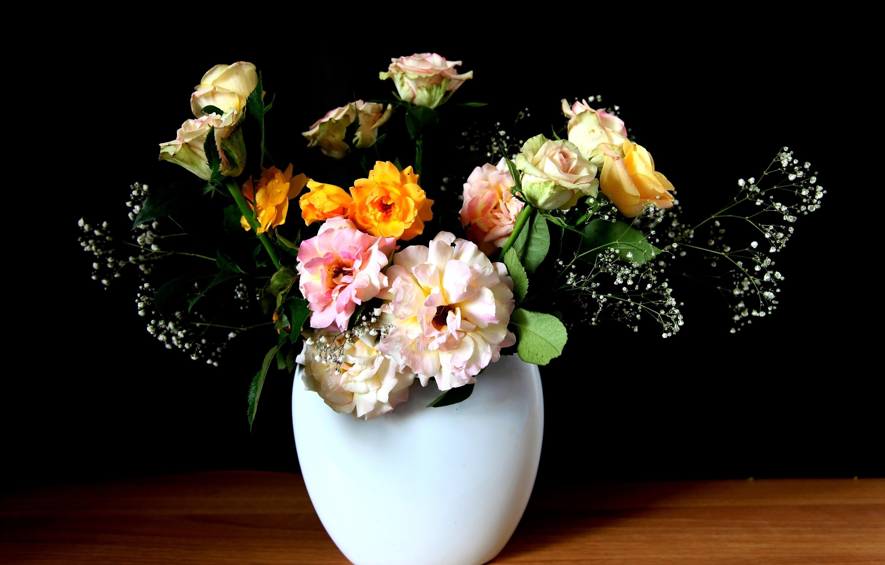 roses, plant, indoors, nature, decor, black background, yellow, fragility, 2K, wedding, petal, pink Color, white, love, beauty, blossom, red, arrangement, HD Wallpaper