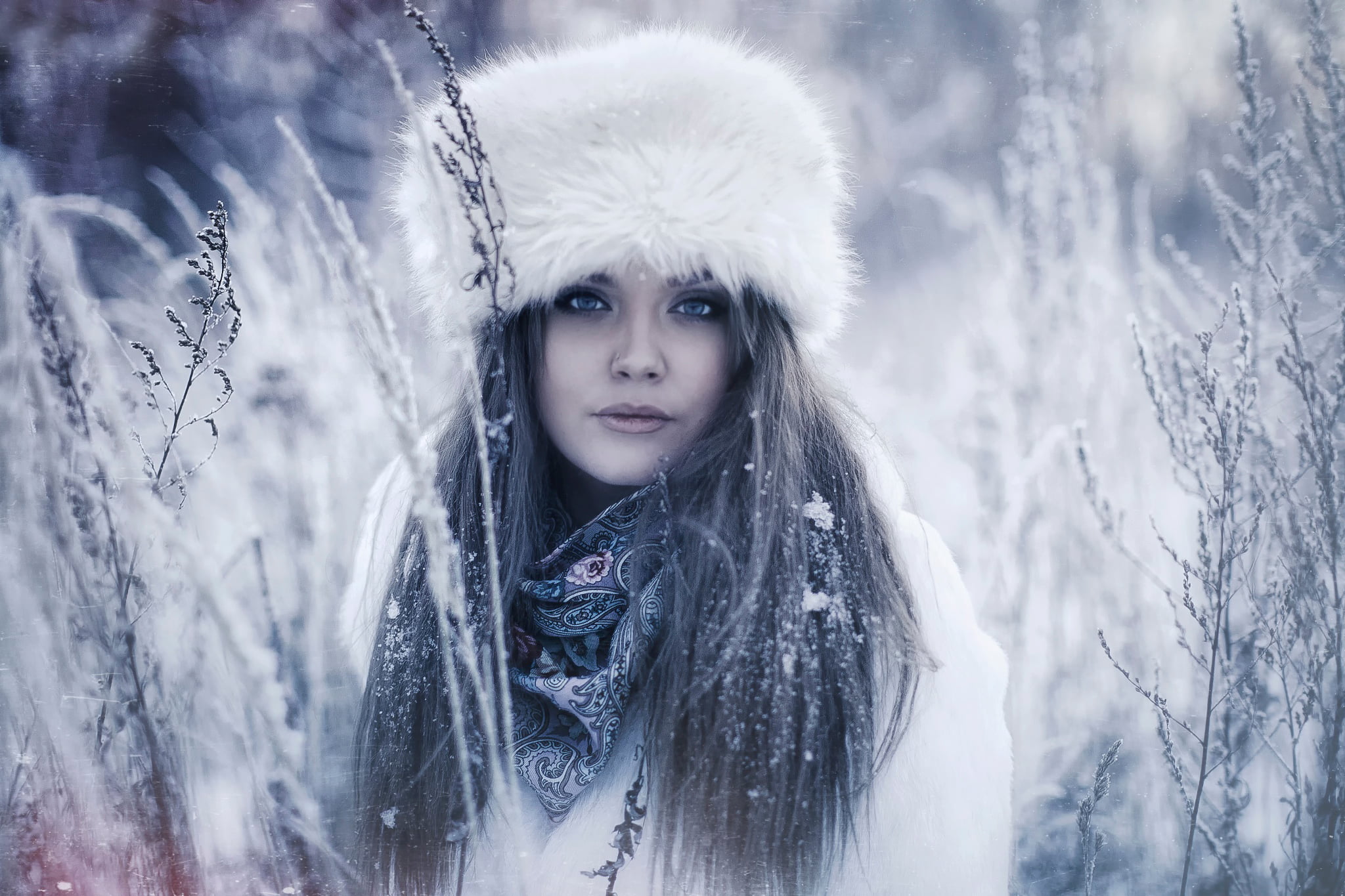 Karen Abramyan, hairstyle, fur hat, Russian February, 1080P, cold temperature, real people, one person, front view, coat, nature, winter, women, hat, white, HD Wallpaper
