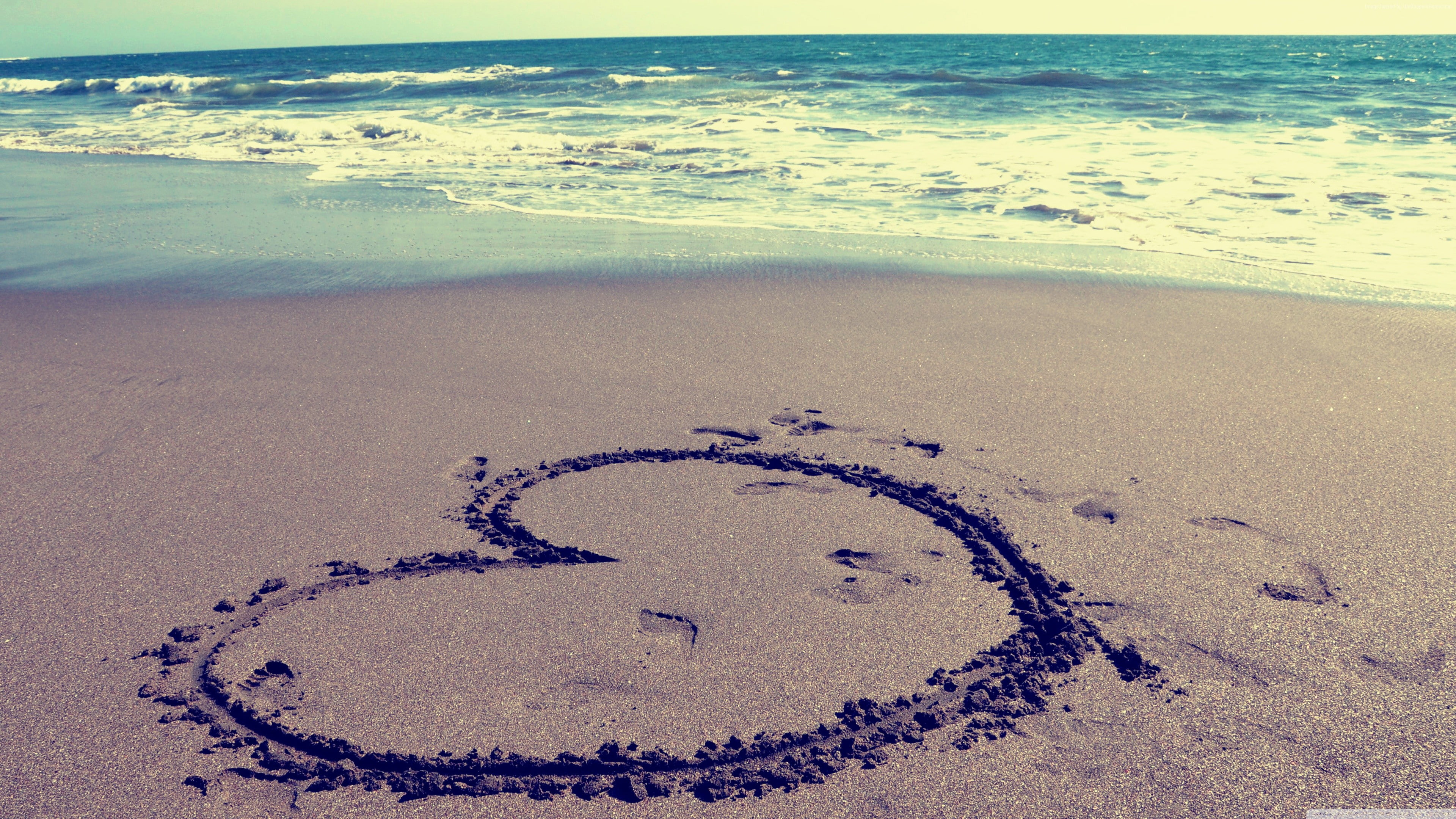 beach, 4K, water, text, sea, anthropomorphic smiley face, love, day, communication, scenics - nature, Valentines Day, outdoors, land, February 14, heart shape, HD Wallpaper