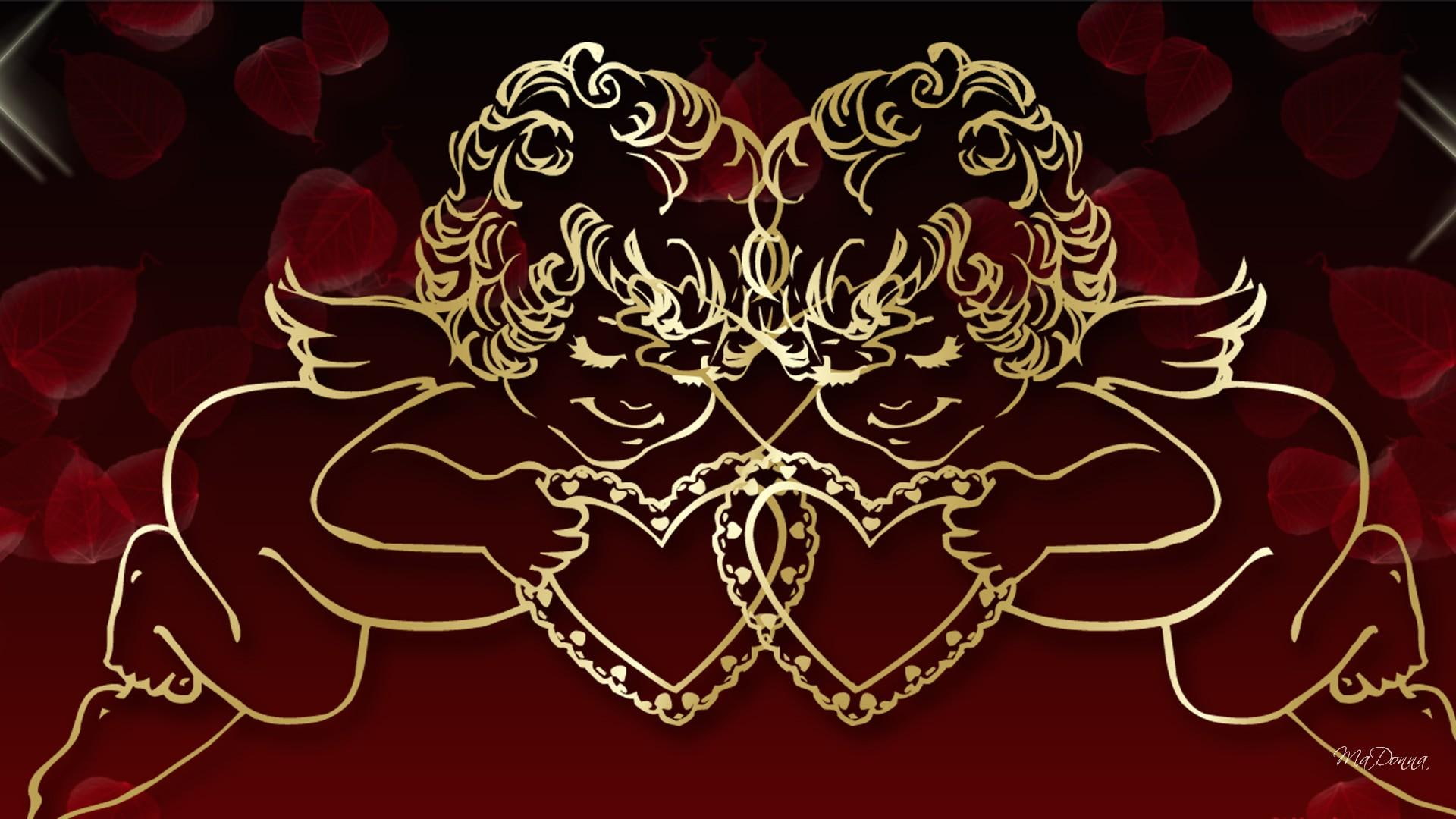 gold, black, valentines day, cherubs, 1080P, lovers, gold cupids, cupids, 3d and abstract, hearts, love, HD Wallpaper