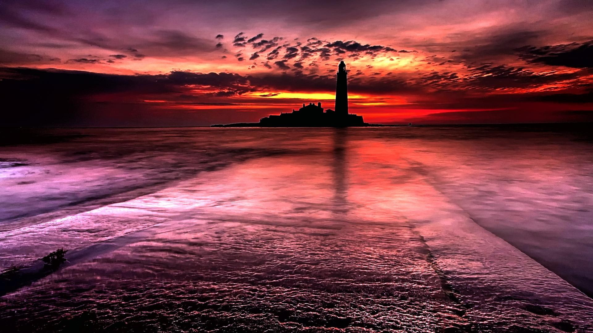 vivid, colorful, 1080P, 3d and abstract, beautiful, silhouette, scene, island, bold, tower, HD Wallpaper