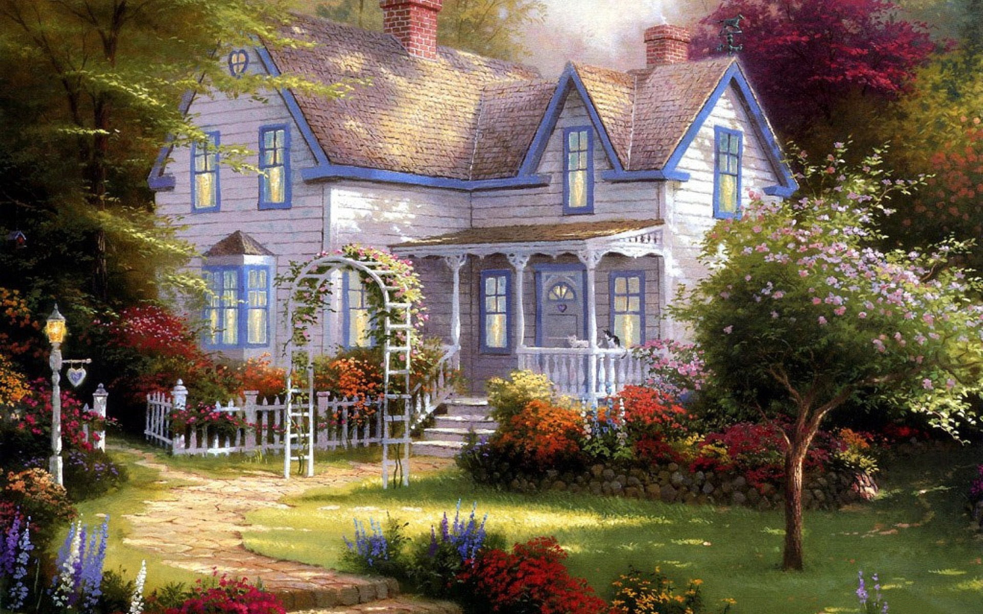 summer, art, garden, 1080P, painting, Arch, home, kinkade, front, Artist, Thomas, HD Wallpaper
