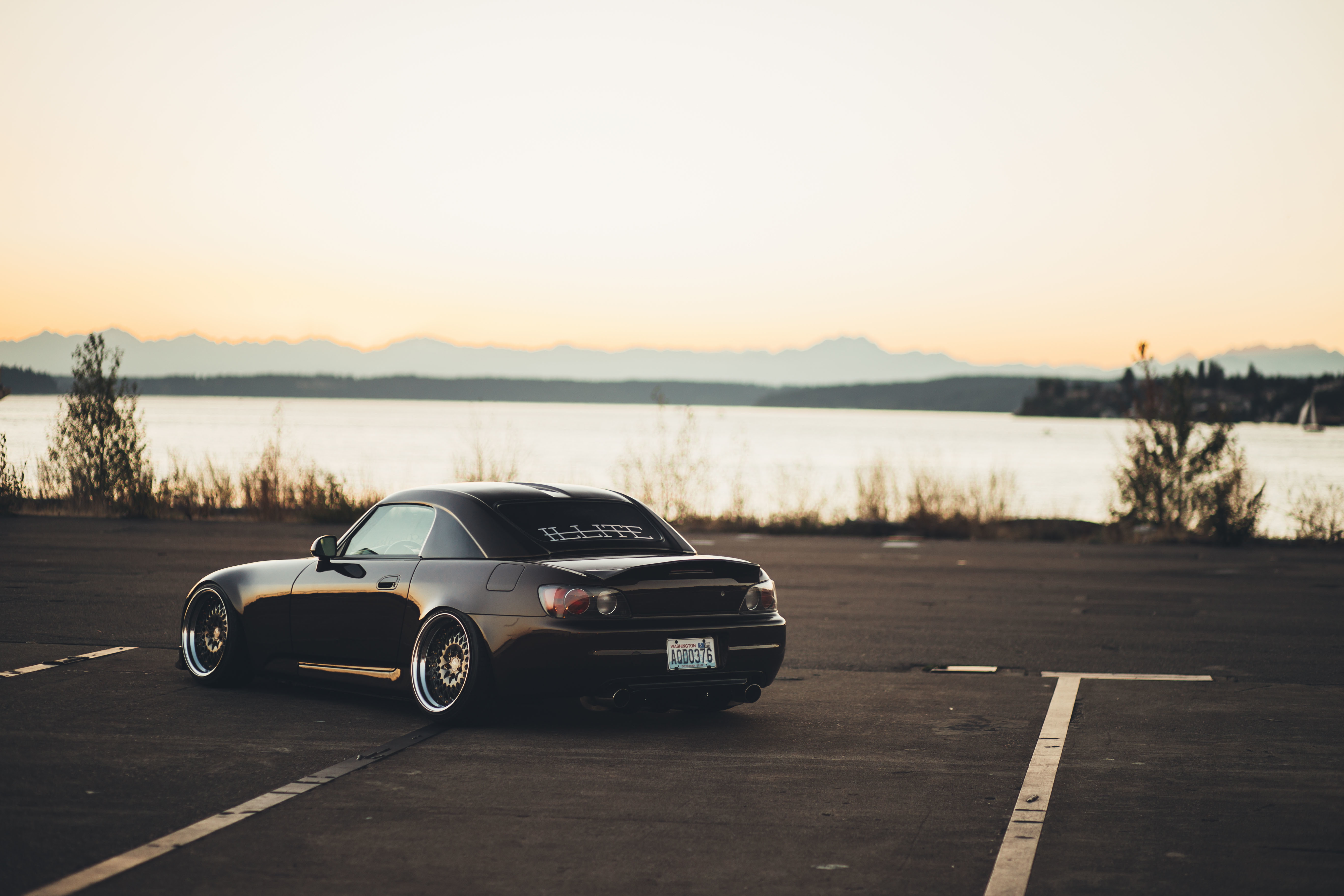 Honda, S2000, the exhaust gases, 5K, lake, wheel, Parking, sunset, HD Wallpaper