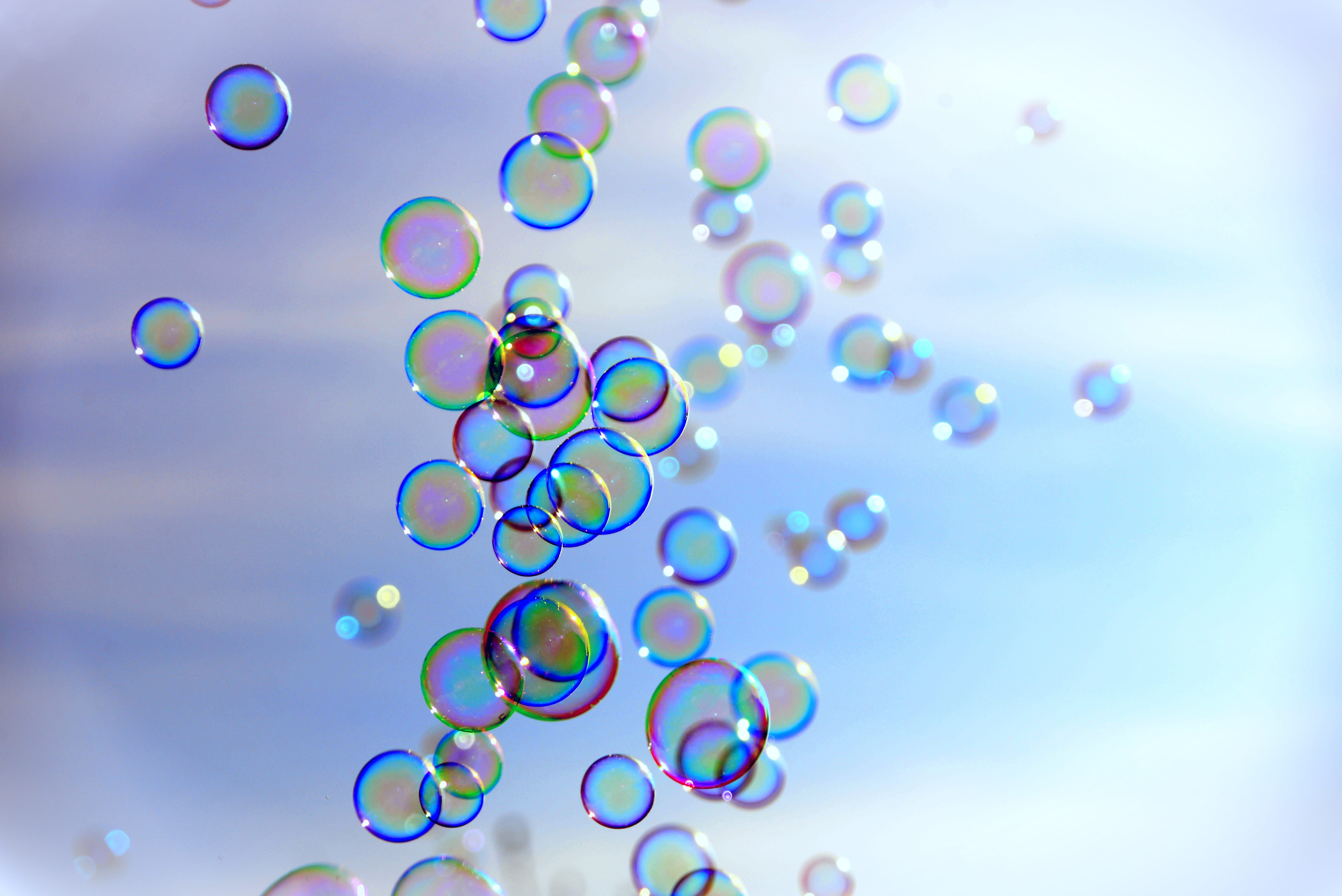 vulnerability, bubble, play, mid-air, shiny, colored background, day, soap, ball, farbenspiel, blue, blue background, colorful, no people, nature, multi colored, HD Wallpaper
