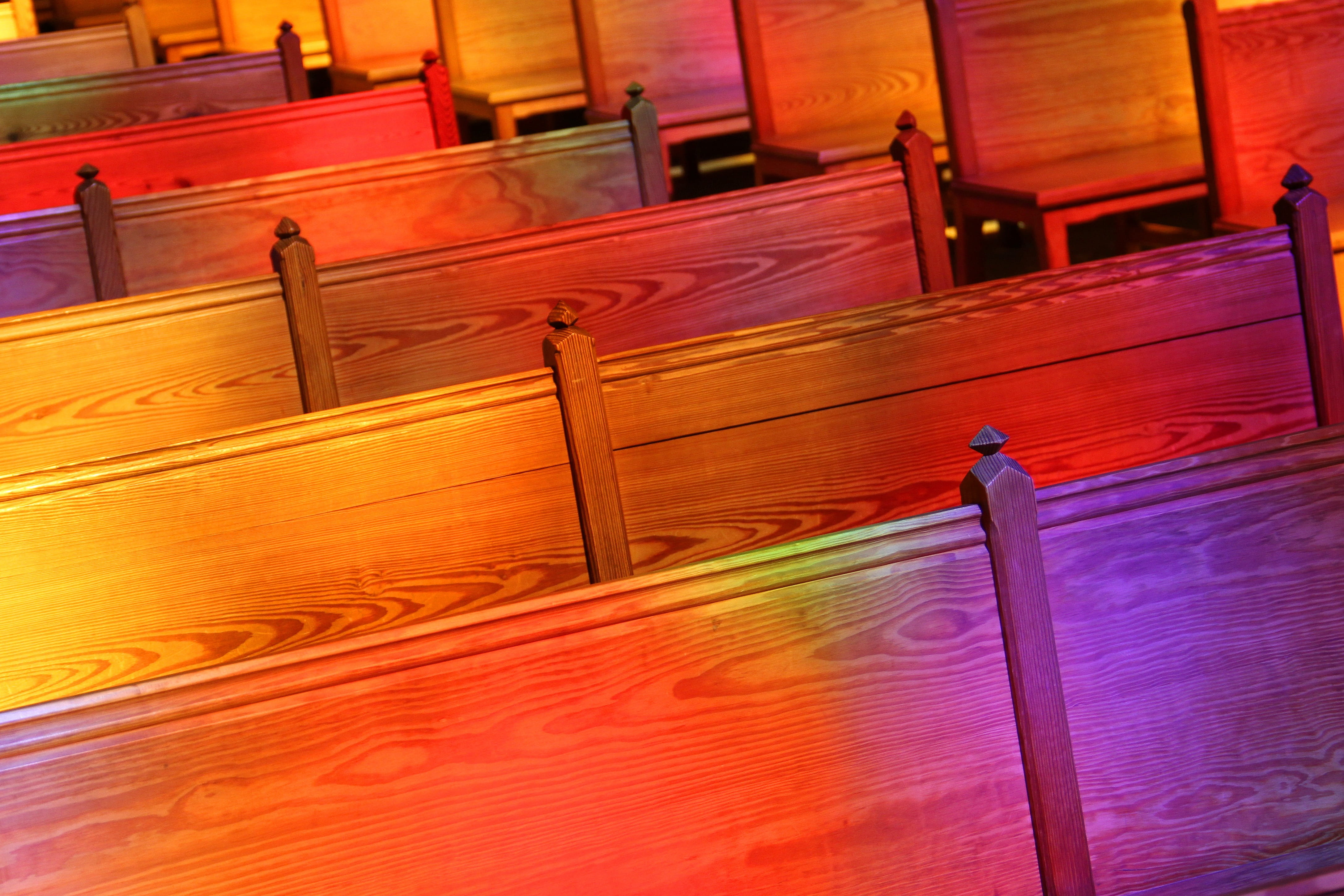 indoors, red, church, tilt, chair, focus on foreground, wood - material, seat, stage Theater, belief, brown, place of worship, still life, arts culture and entertainment, HD Wallpaper
