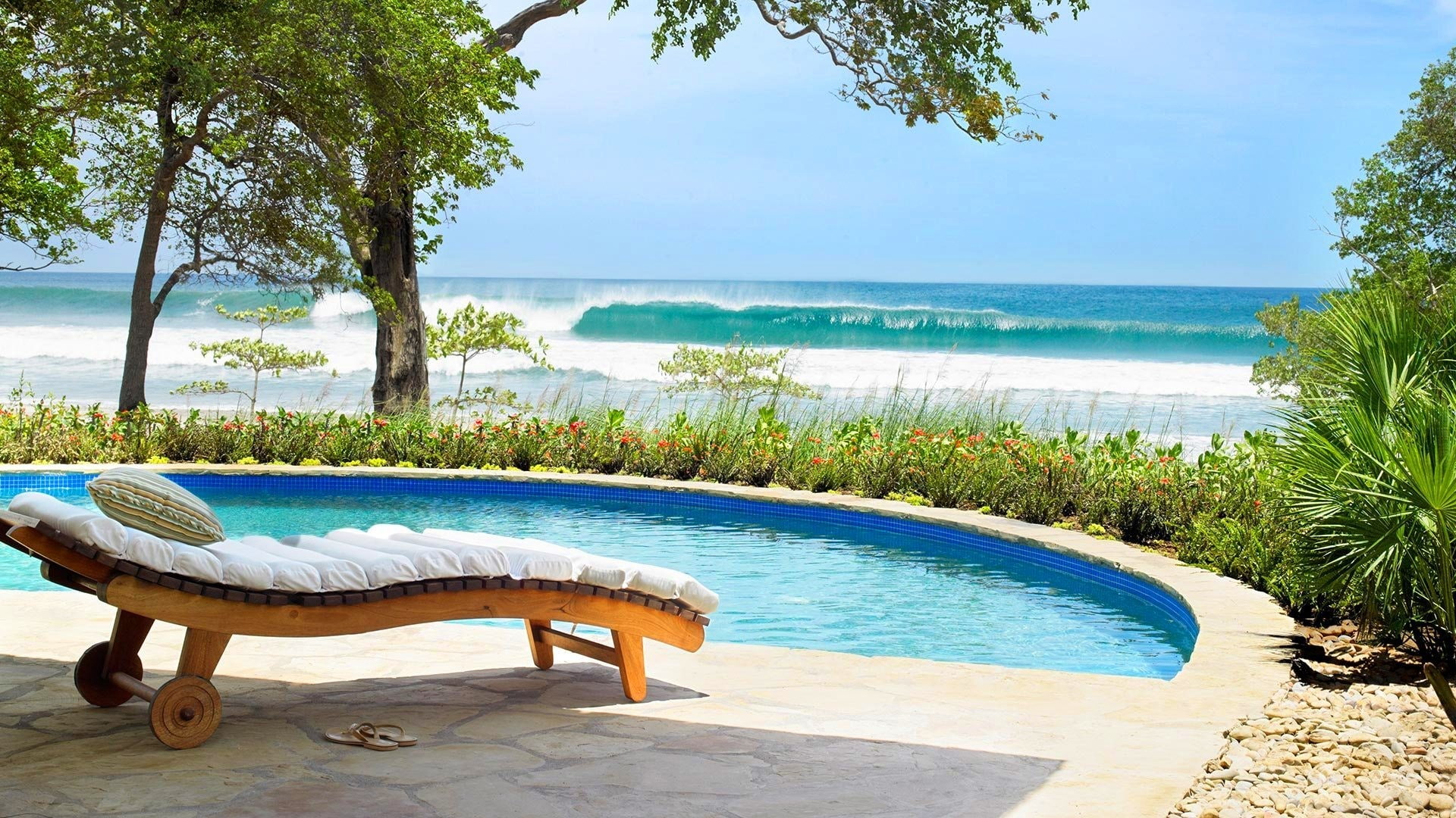 Lounge, swimming pool, beach, vacation, 1080P, HD Wallpaper