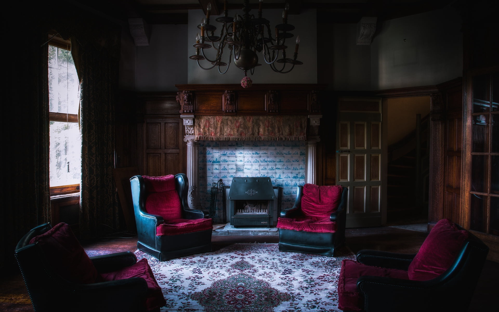piece, chair, chairs, pillow, red, pink, chandelier, window, lighting equipment, flooring, electric Lamp, absence, architecture, fireplace, decor, armchair, HD Wallpaper