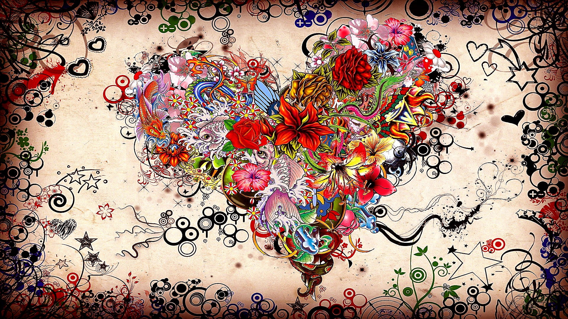 graphic design, design, heart, flowers, floral design, painting, illustration, 1080P, art, love, artwork, HD Wallpaper