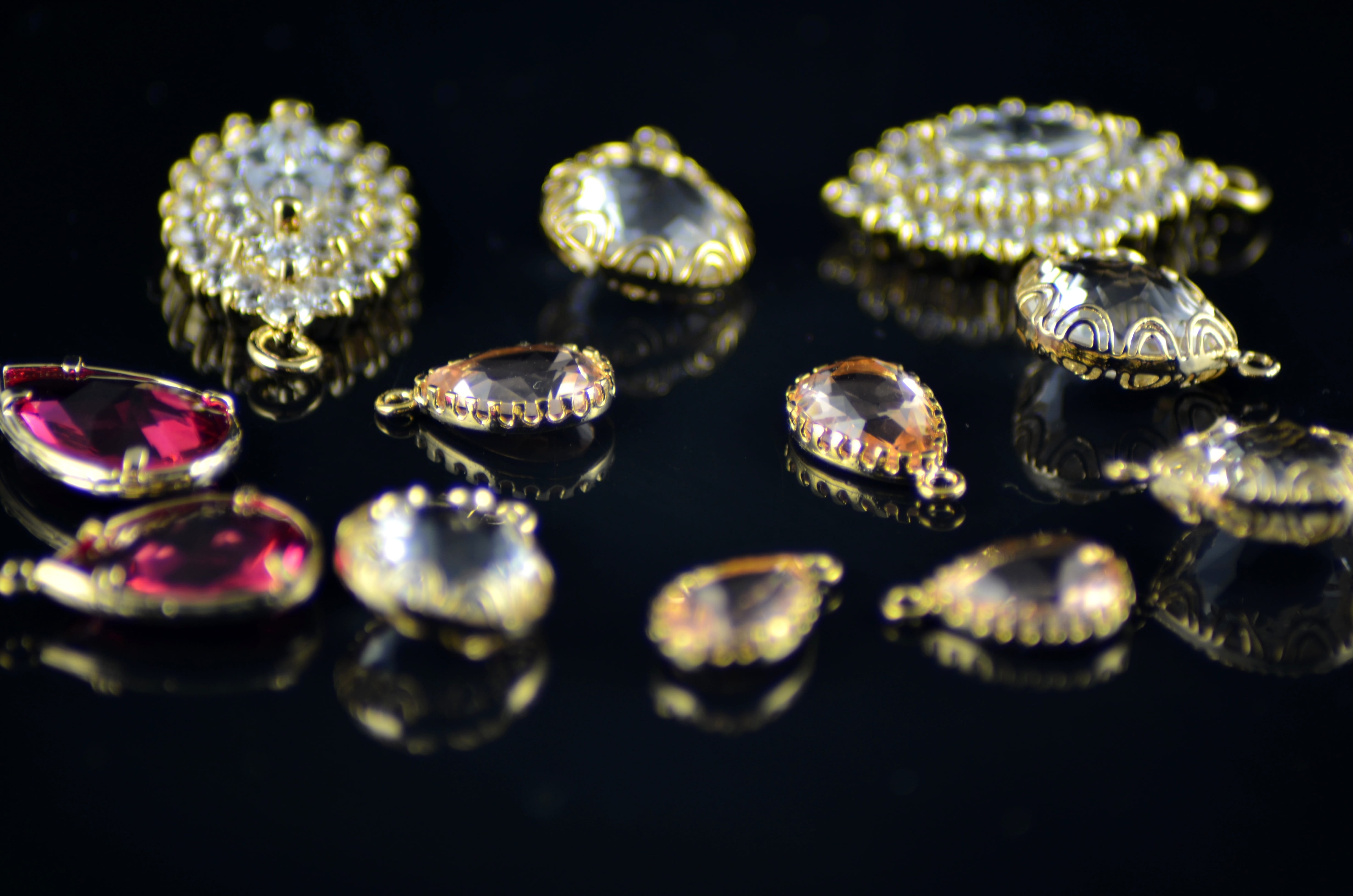 crystal, choice, metal, gemstone, wealth, selective focus, y, consumerism, diamond - gemstone, golden, accessory, black background, jewel, assorted, fashion, HD Wallpaper
