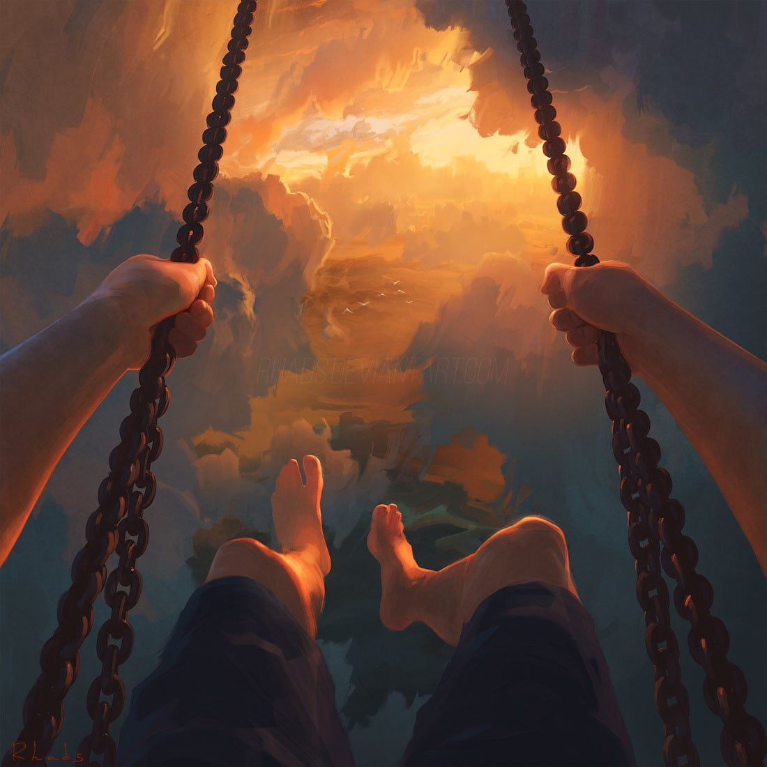 cloud - sky, wooden, human body part, low section, chandeliers, limb, 480P, clouds, human leg, chain, adult, personal perspective, outdoors, one person, Phone HD Wallpaper